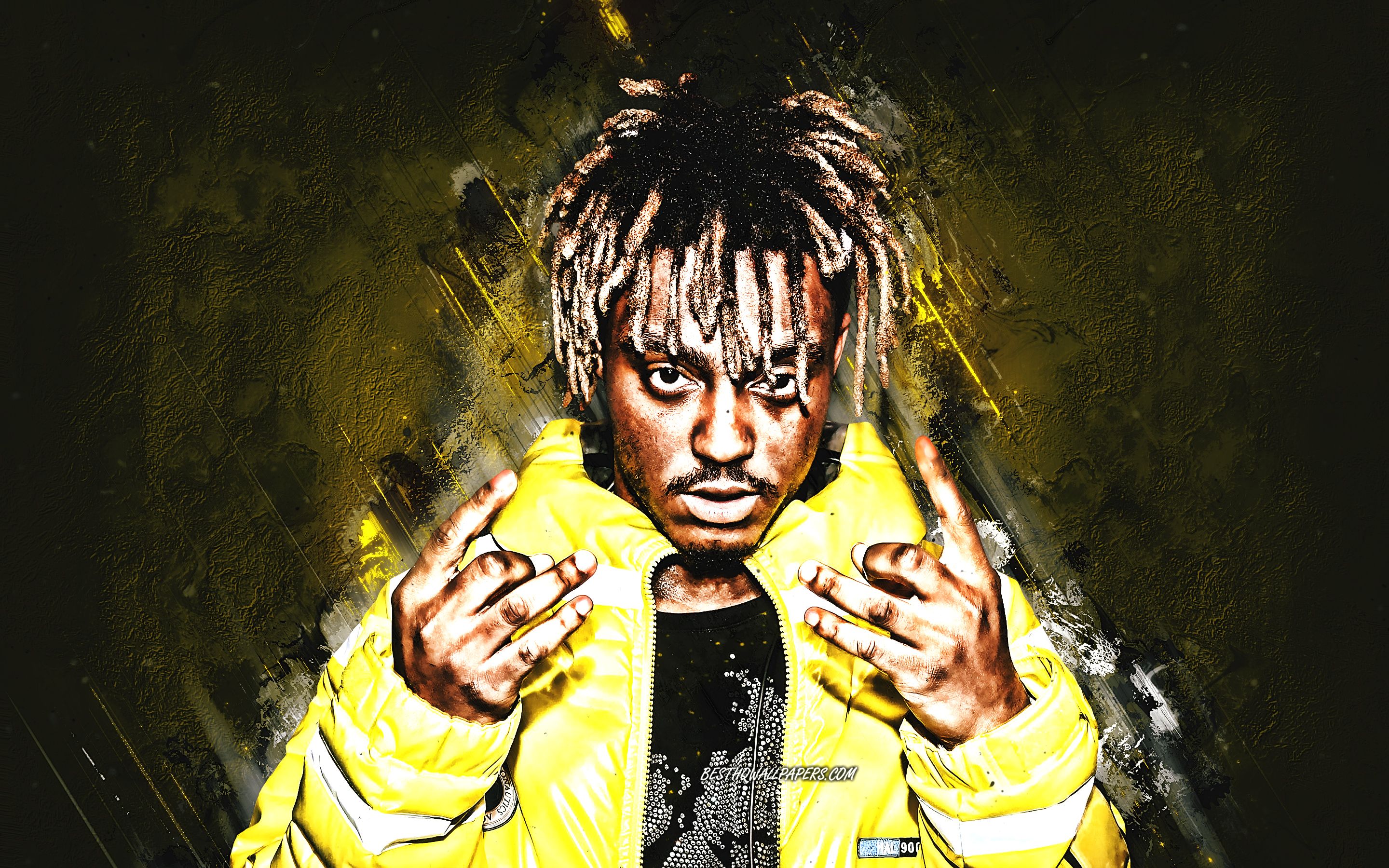 Download wallpaper Juice WRLD, Jarad Anthony Higgins, american rapper, portrait, yellow stone background, popular singers for desktop with resolution 2880x1800. High Quality HD picture wallpaper