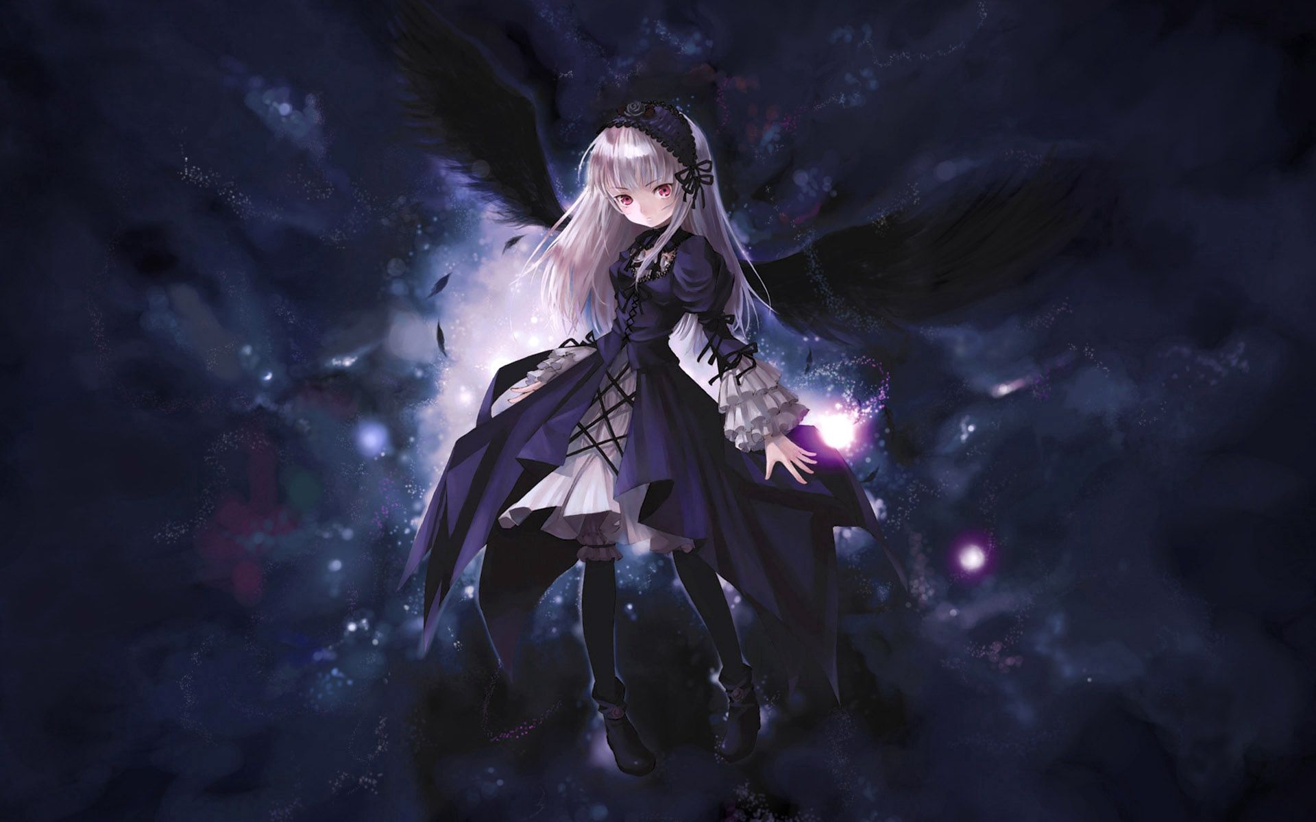 Download wallpaper 1920x1200 anime, girl, wings, flying, black HD