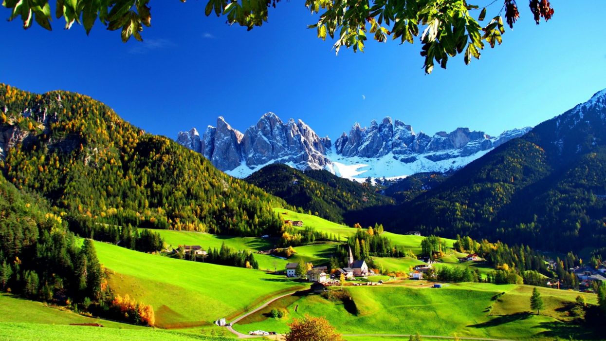 Mountain Nice Funes Beauty Hills Summer Houses Italy Val Sky Greenery Nature Paradise Trees Vilalge Cottages Lovely Beautiful Slope Wallpaper Flowers Wallpaperx1440