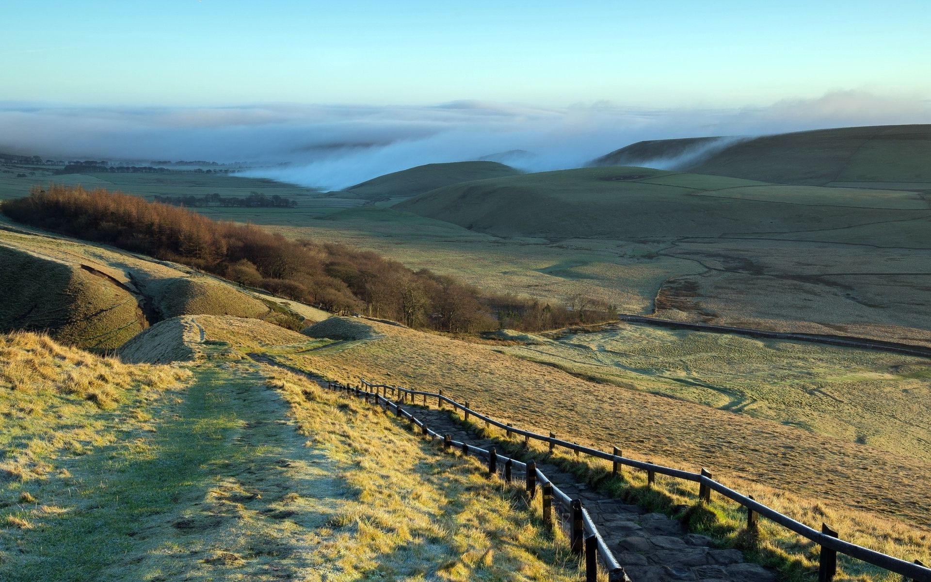 Beautiful Hills Steps Rail Fog wallpaper. Beautiful Hills Steps