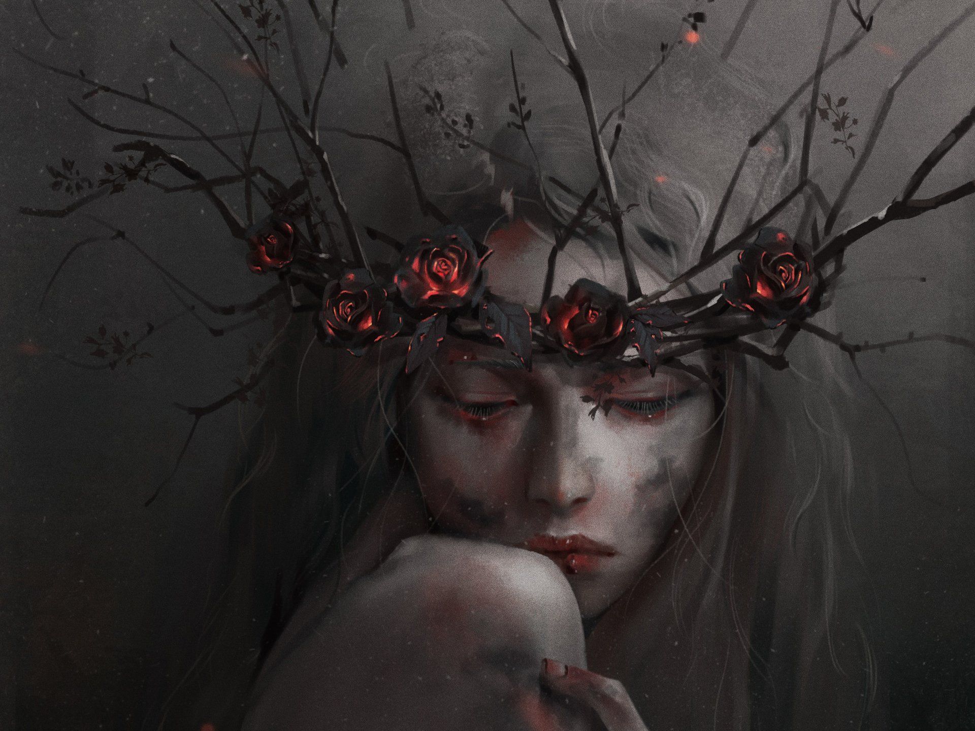Fantasy Girl with Rose and Twig Wreath in her Hair HD Wallpaper