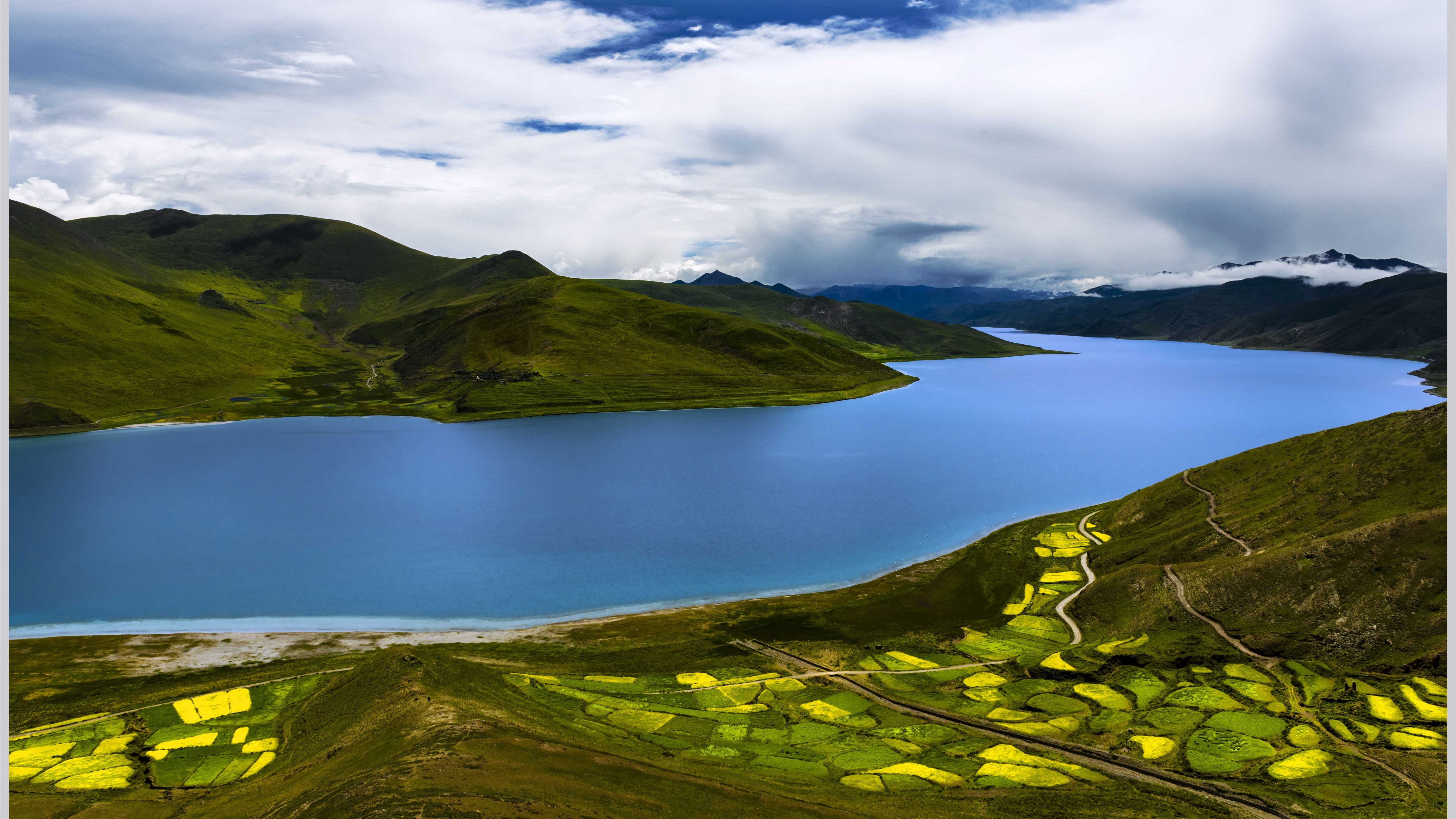 Wallpaper Blue river, hills, fields, clouds, beautiful nature