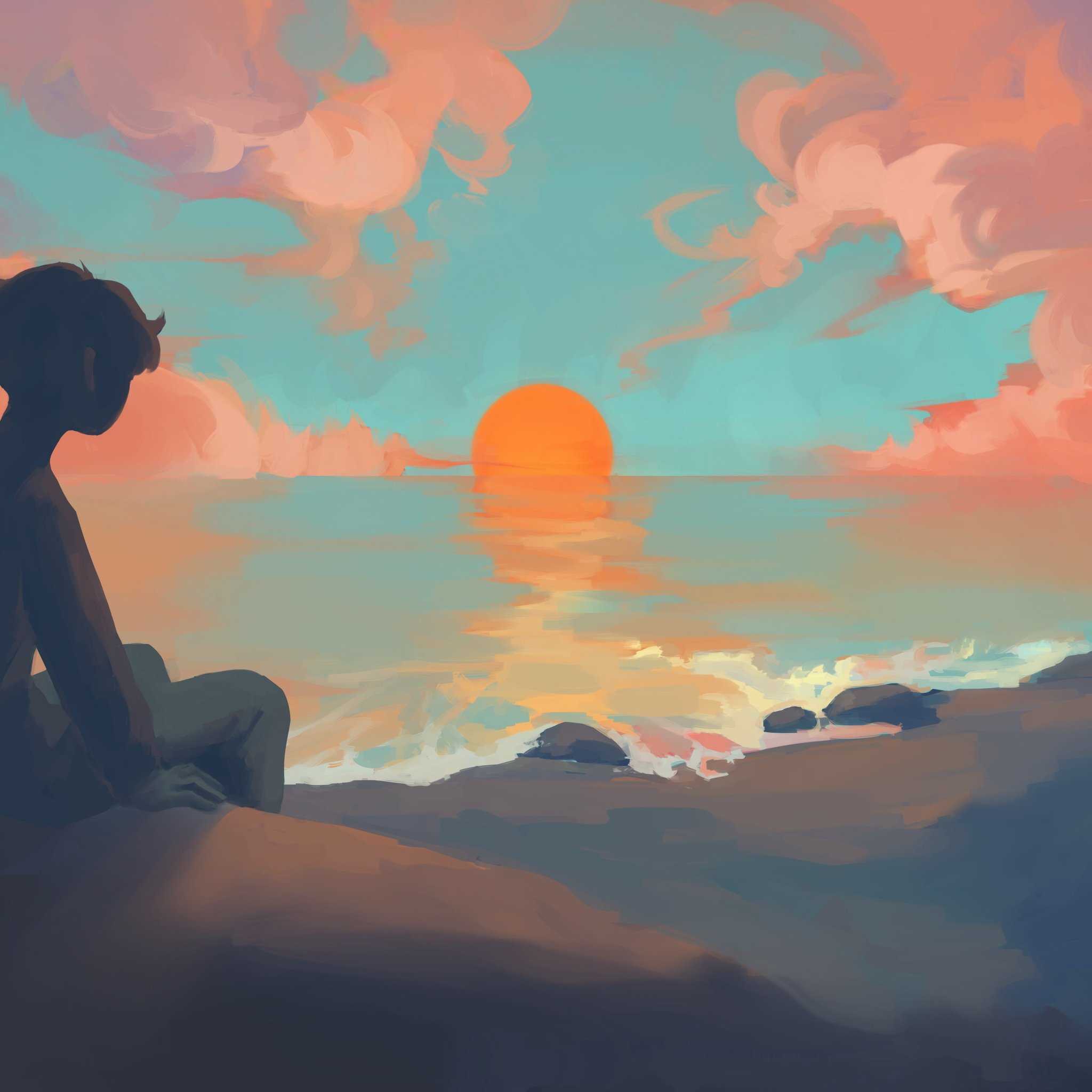 Anime Boy Sitting Watching Sunset HD Wallpaper (2048x2048)