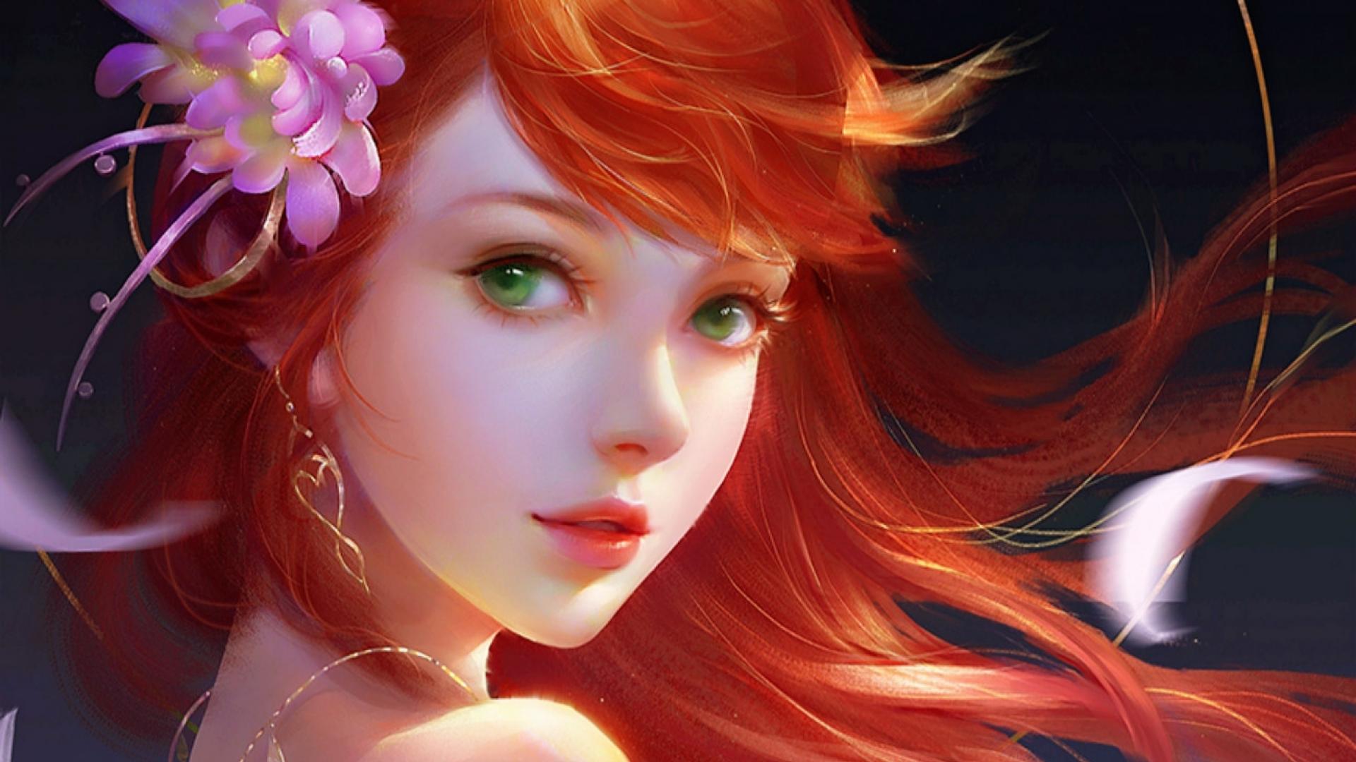 Fantasy Redhead with Green Eyes HD Wallpaper. Background Image