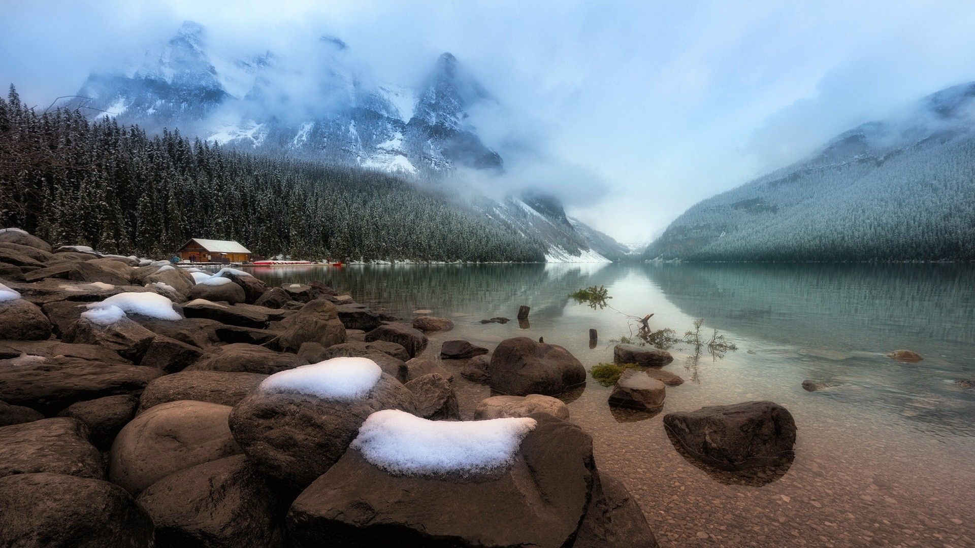 nature, Landscape, Trees, Forest, Lake, Winter, Stones, Snow, Mist, Snowy mountain, House, Reflection, Hills, Branch, Alberta, Alberta National Park, Canada Wallpaper HD / Desktop and Mobile Background