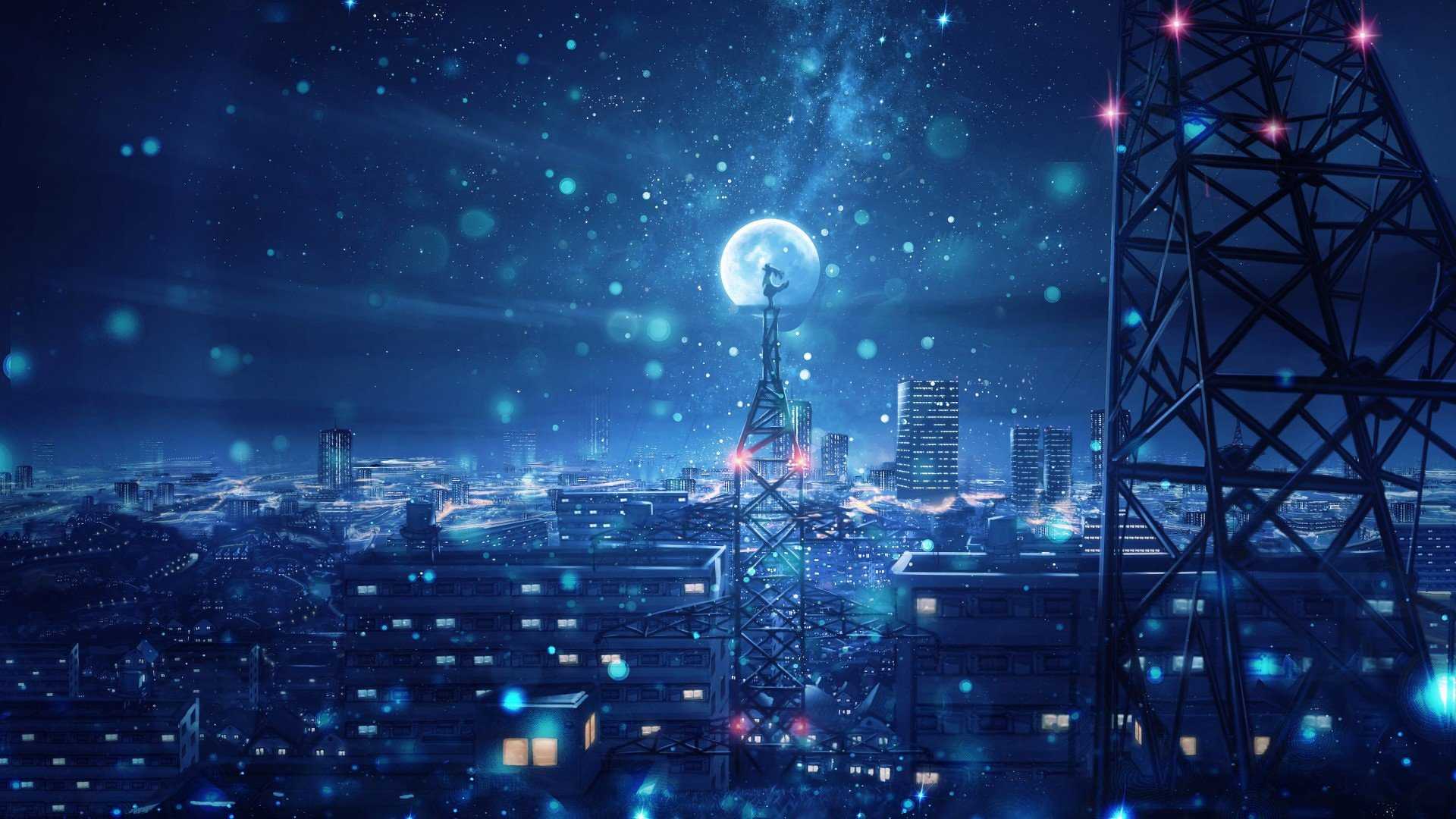Blue Night Big Moon Anime Scenery 4K HD Wallpaper (1920x1080)
