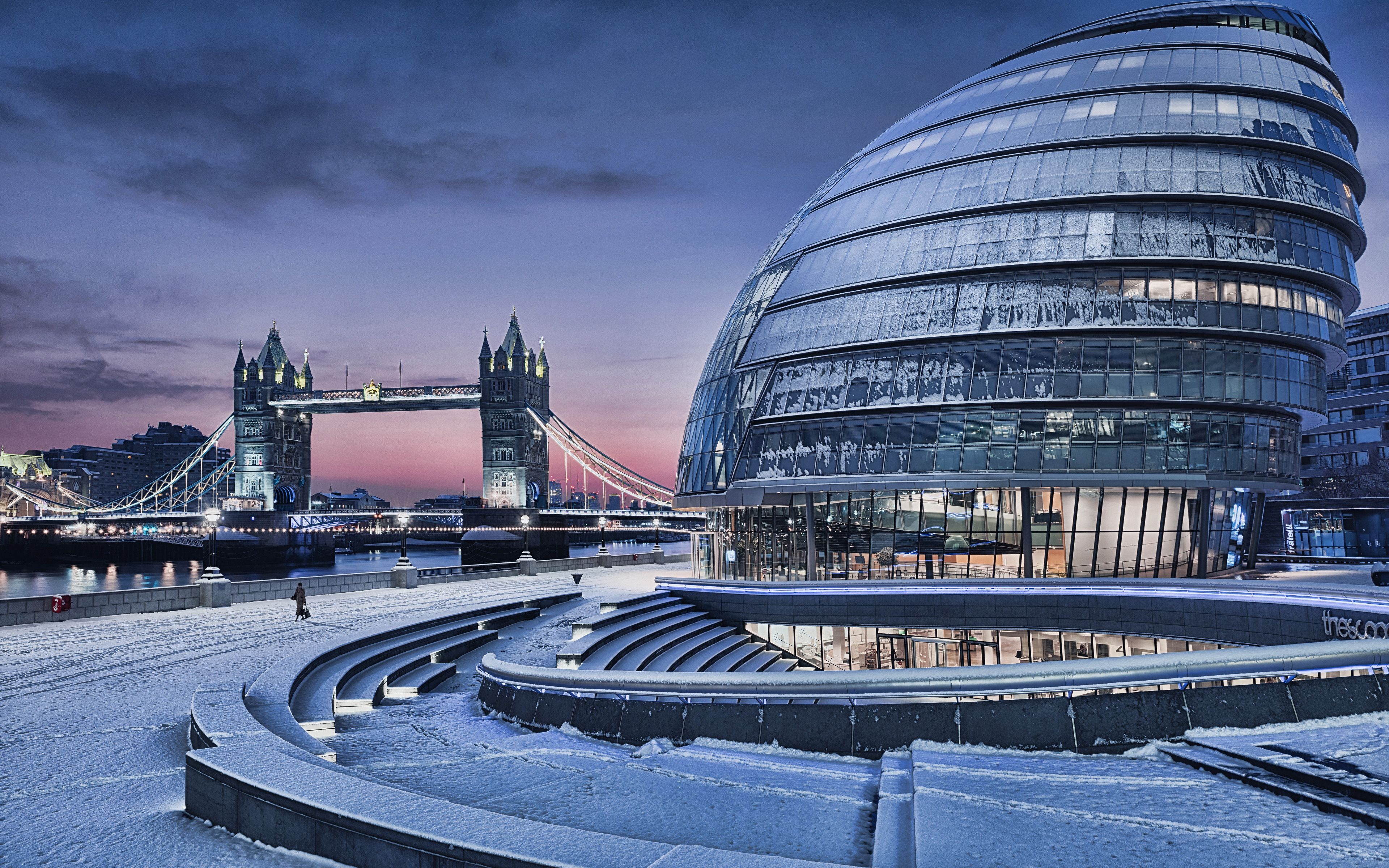 Download wallpaper City Hall, Tower Bridge, 4k, winter, modern