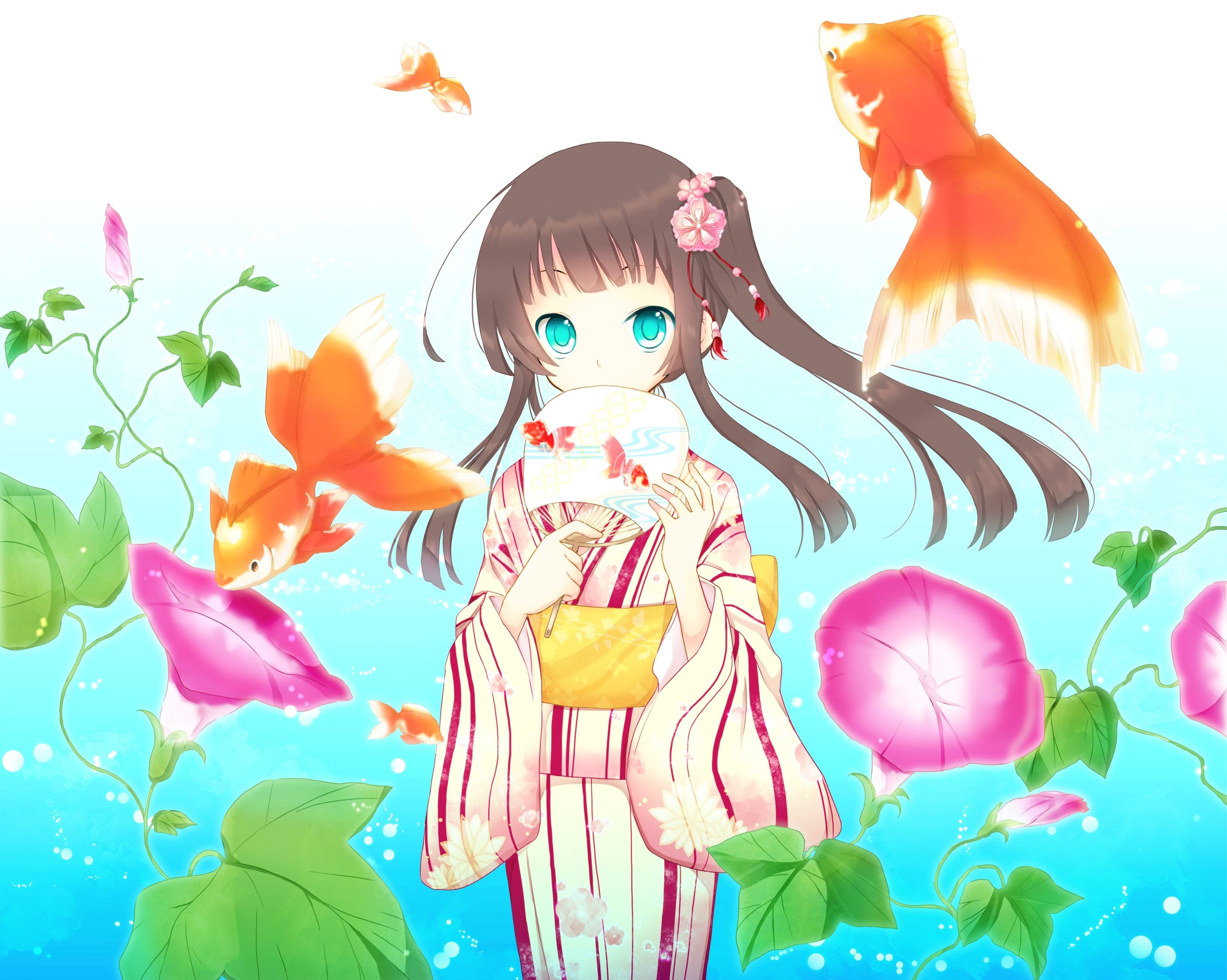 Anime Girl, Blue Eyes, HD Girl Brown Hair Kimono Blue Eyes