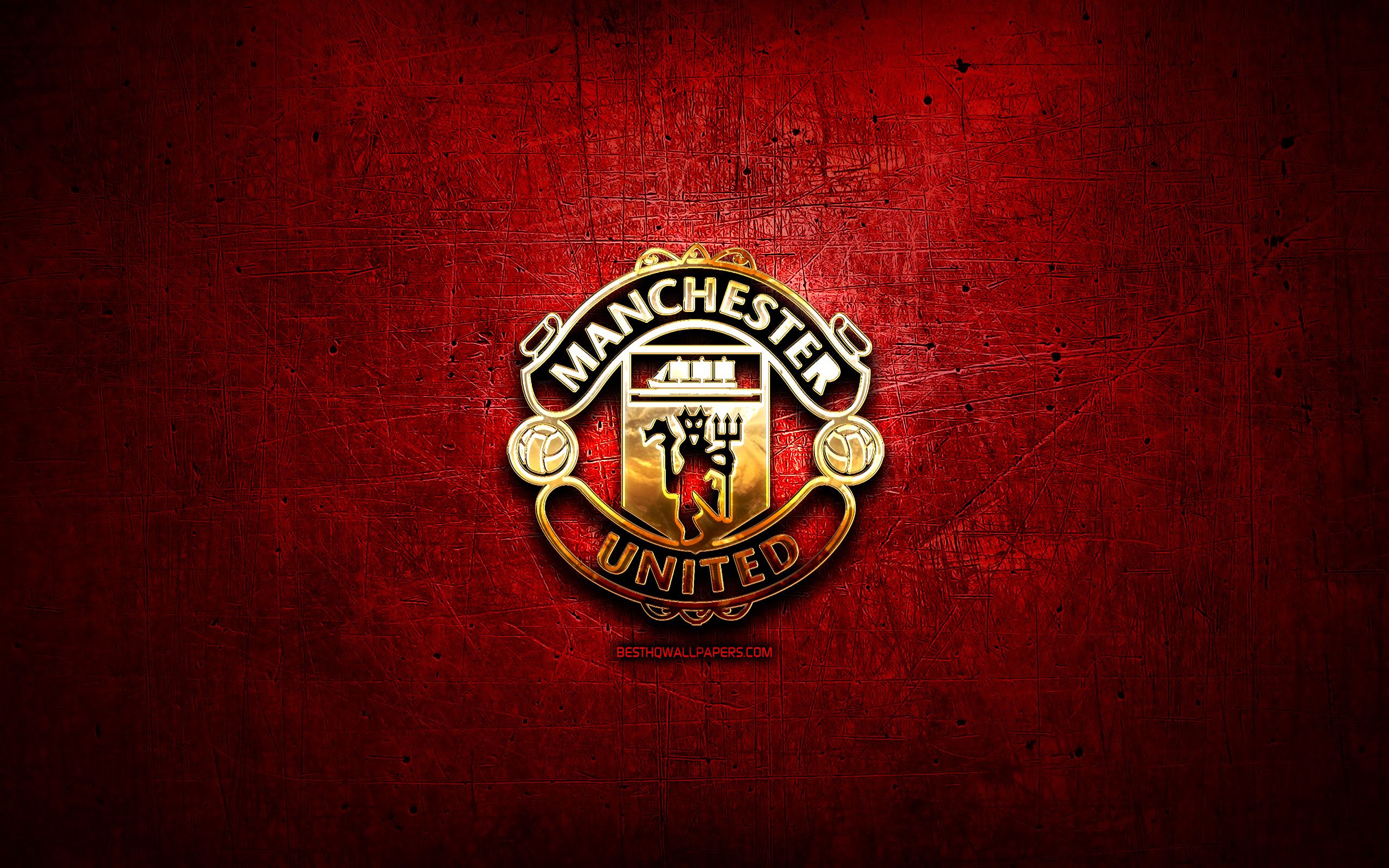 Download wallpaper Manchester United FC, golden logo, Premier