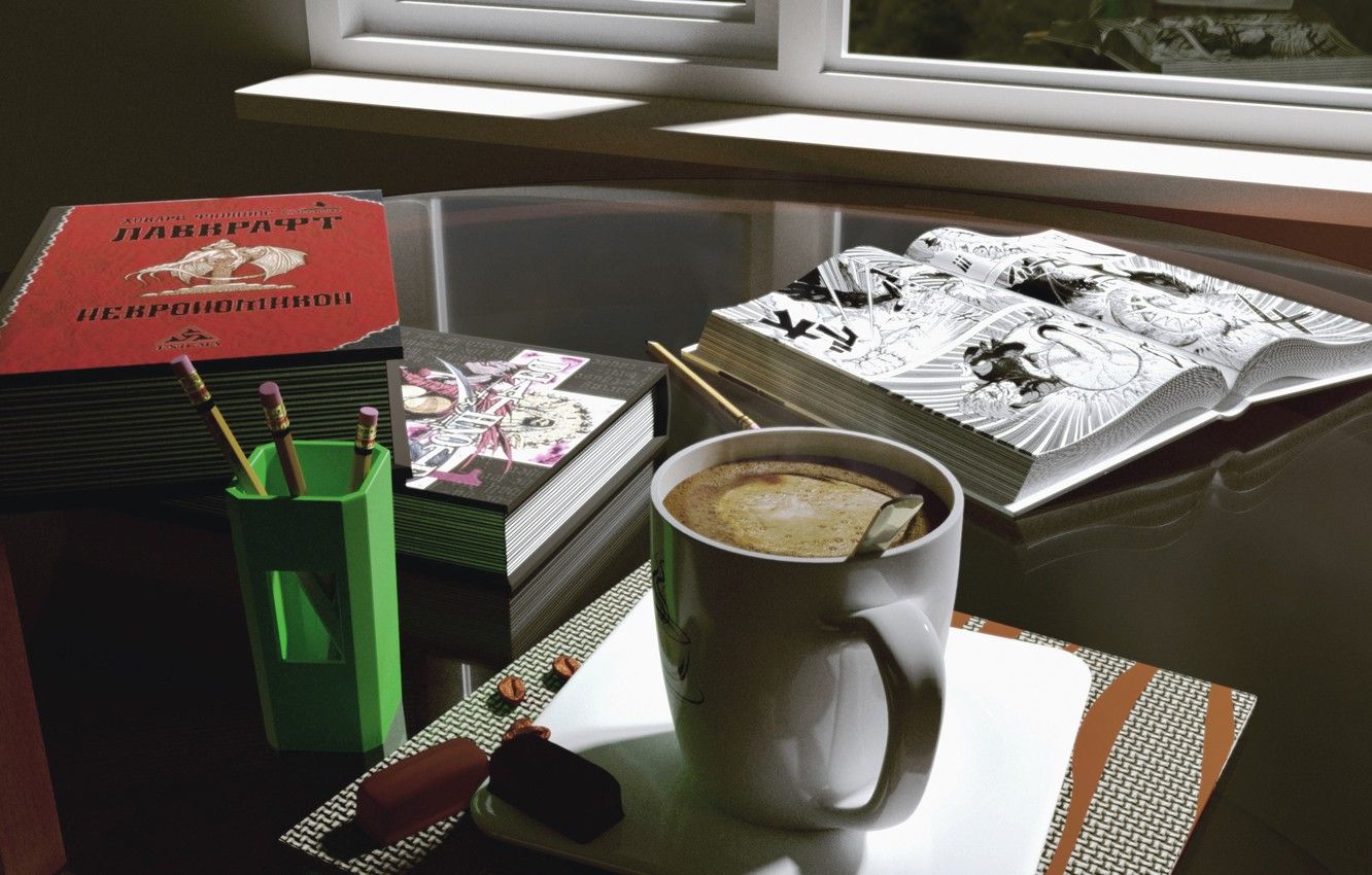 Wallpaper Coffee, Summer, Books, Render, Blender 3D image