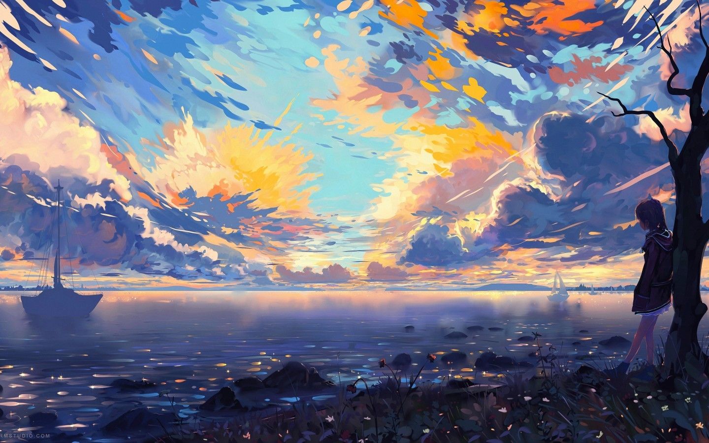 Download 1440x900 Anime Girl, Horizon, Landscape, Clouds, Sunset