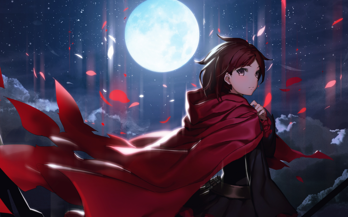 Download 1440x900 Anime Girl, Moon, Cape, Petals, Night, Stars