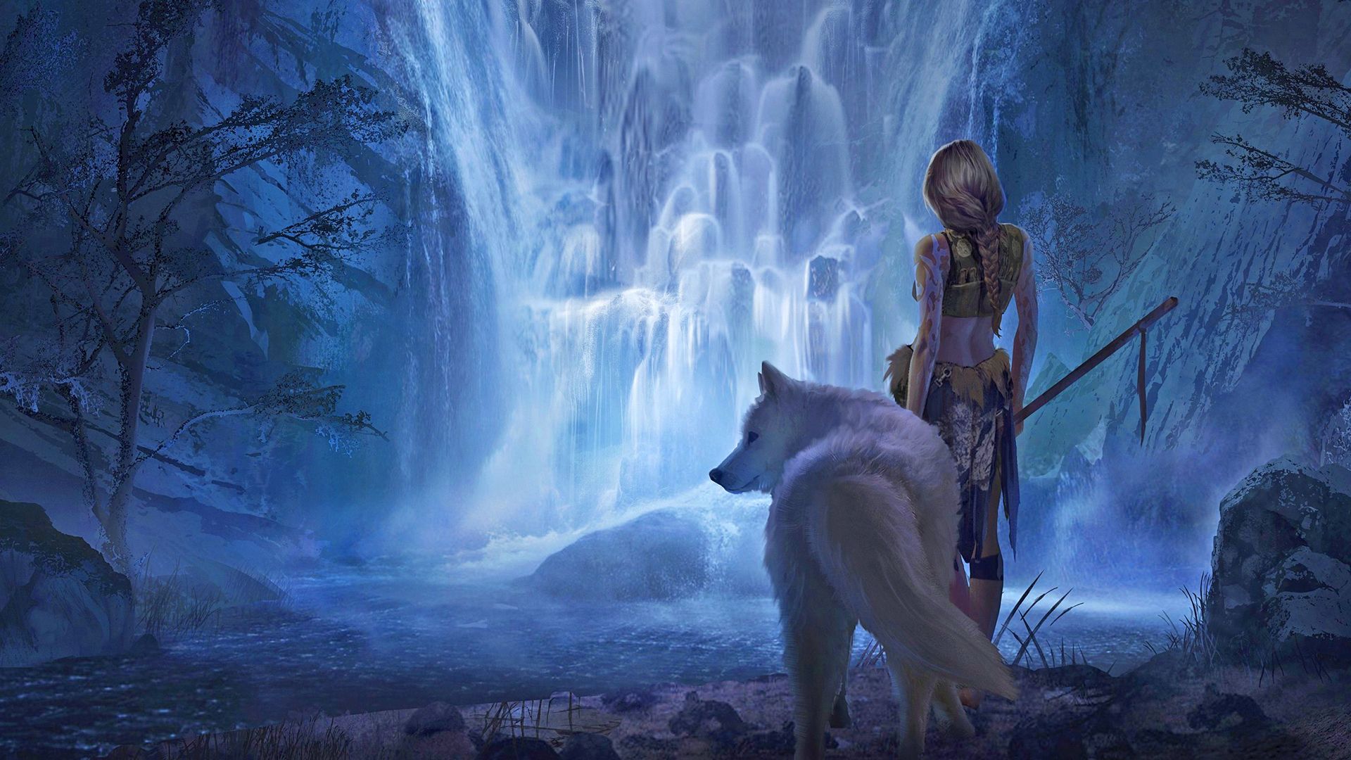 waterfall, magic, wolf, warrior, tattoo, fantasy, women wallpaper