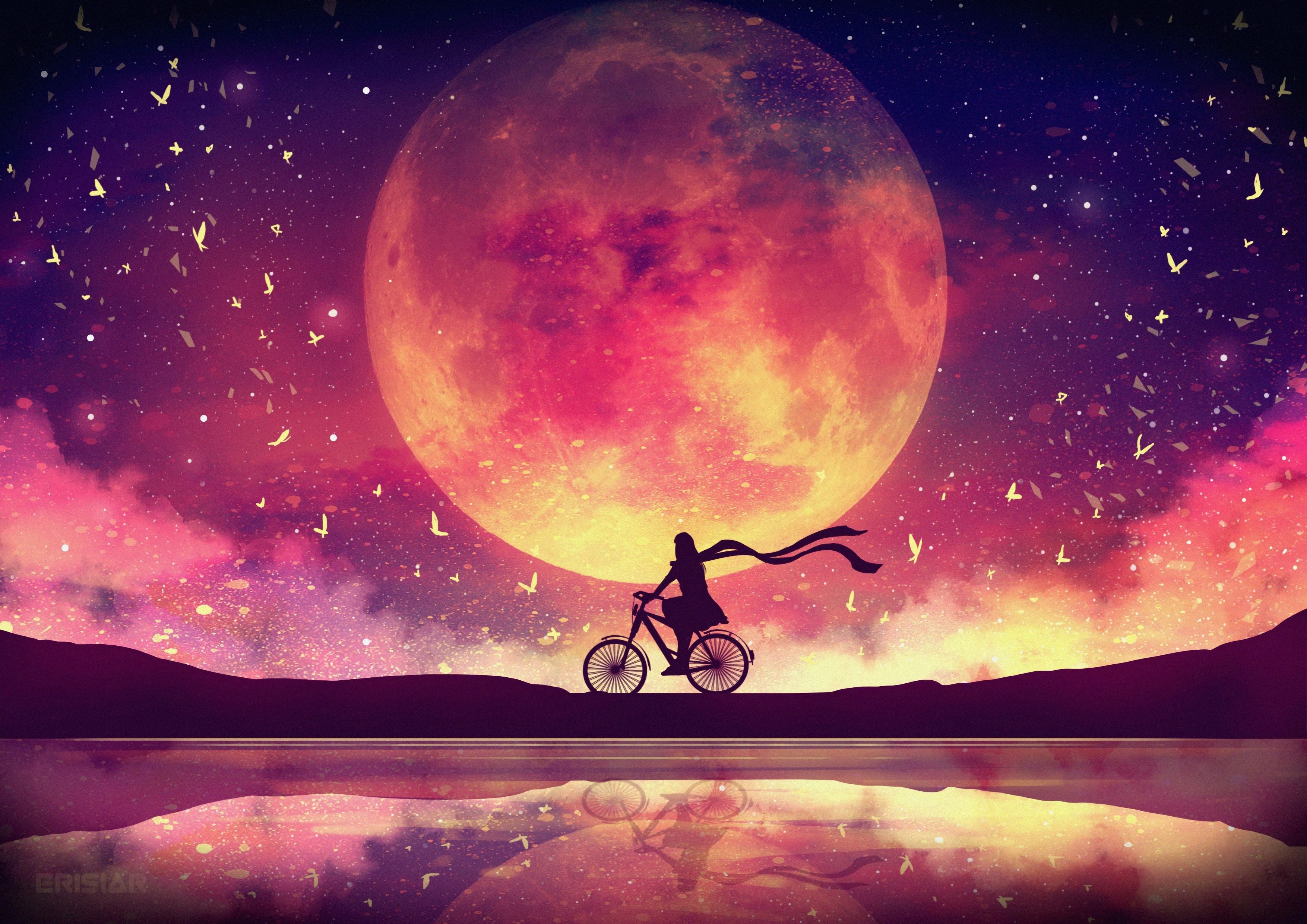 Wallpaper Girly, Dream, Moon, Scenic, Surreal, Bicycle, 4K