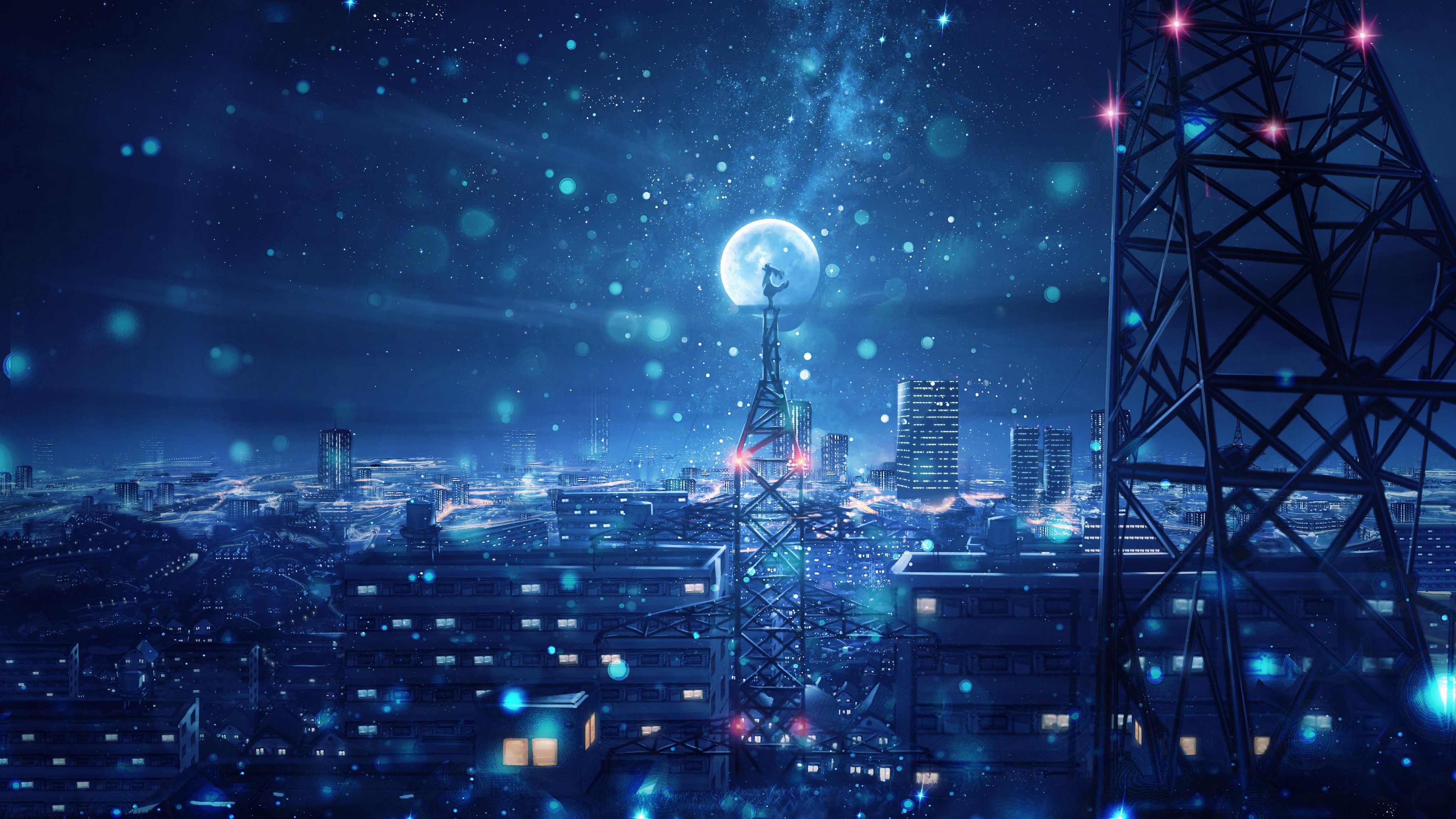 Dream 4K Wallpaper, Blue, Cityscape, Snowfall, Moon, Cold night