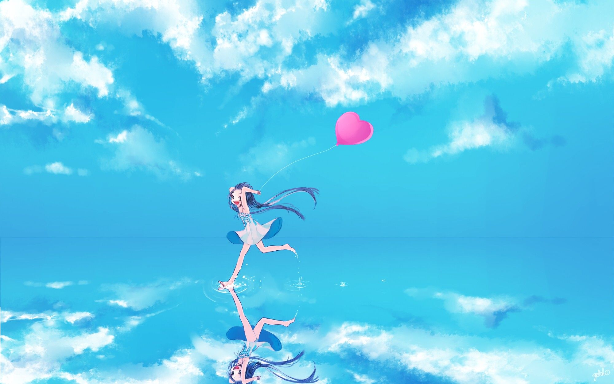 water, clouds, Vocaloid, dress, Hatsune Miku, summer, anime girls