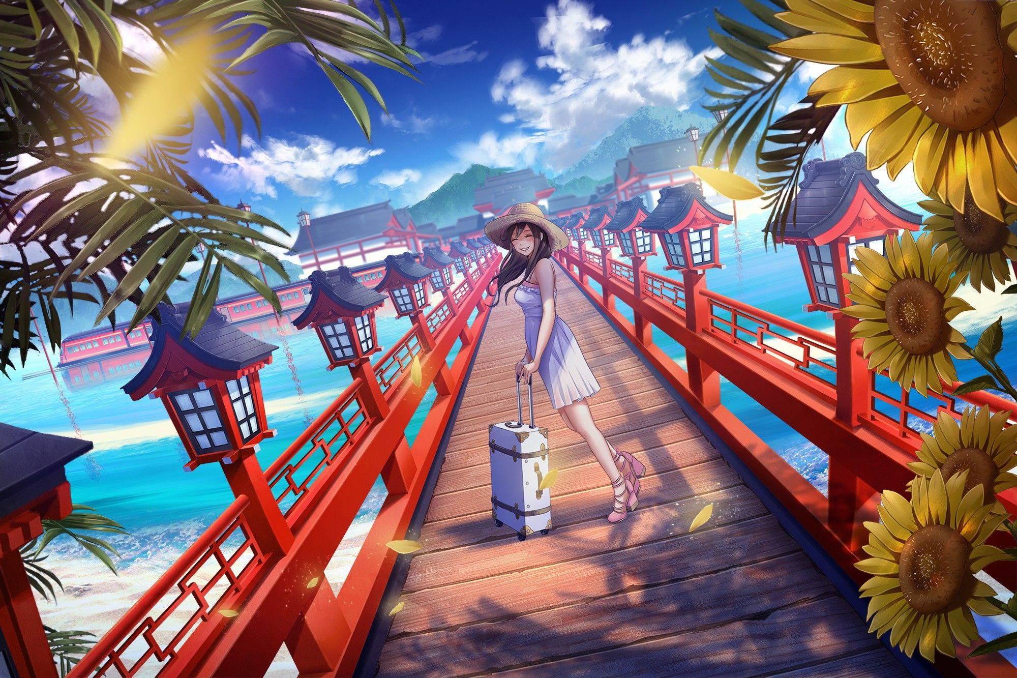 Anime Wallpaper 2000x1333 anime girls, beach, clouds, dress