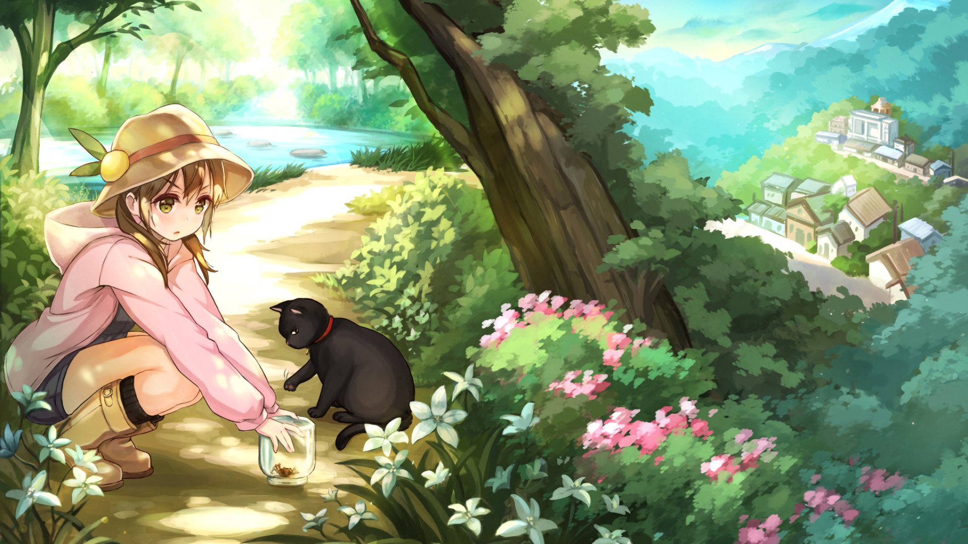 Download 1920x1080 Anime Girl, Forest, River, Neko, Hat, Summer