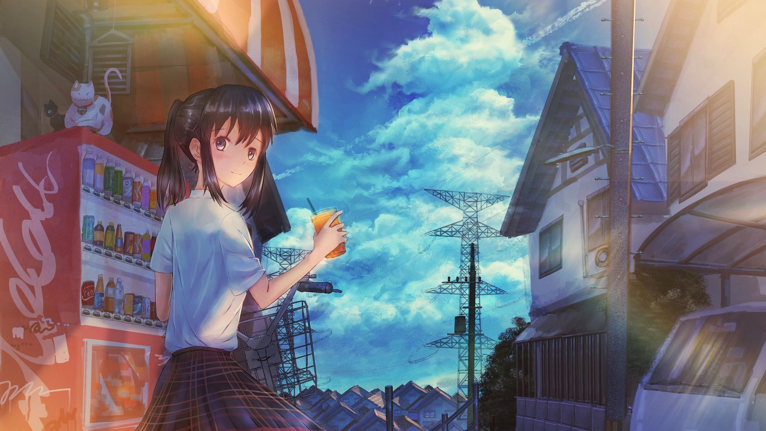 Anime School Girl With Summer Drink 1440P Resolution HD
