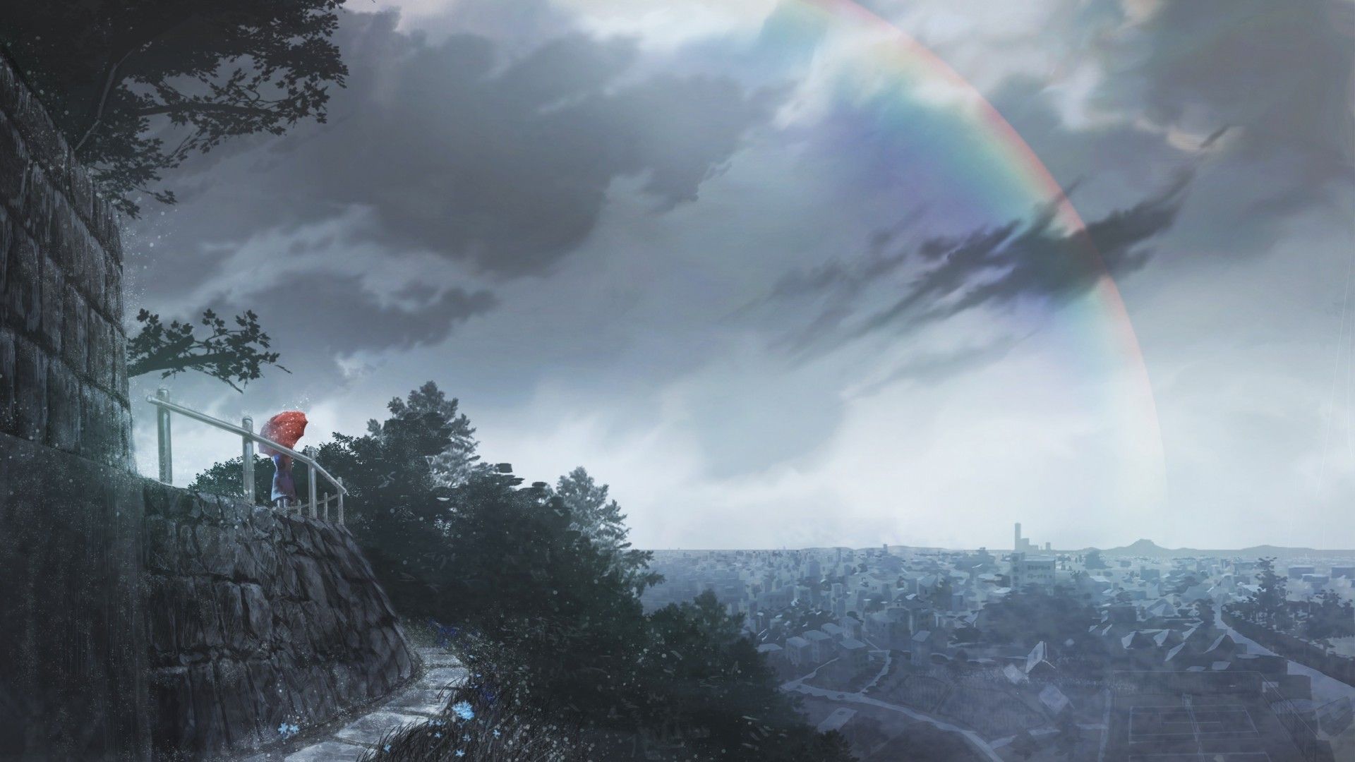 Download 1920x1080 Anime Landscape, Rainbow, Raining, Cityscape
