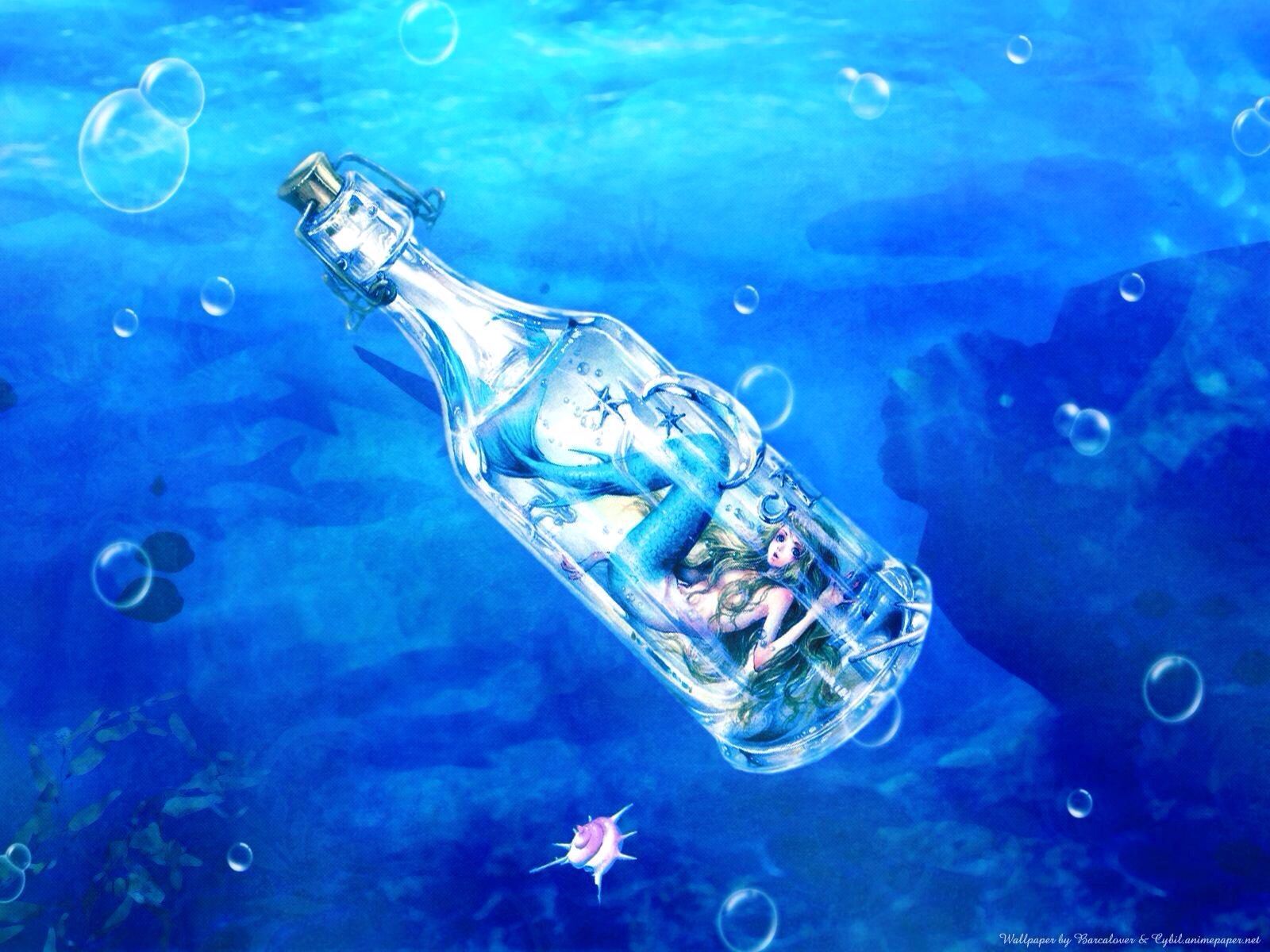 Mermaid inside a bottle underwater & bubbles art. Anime mermaid