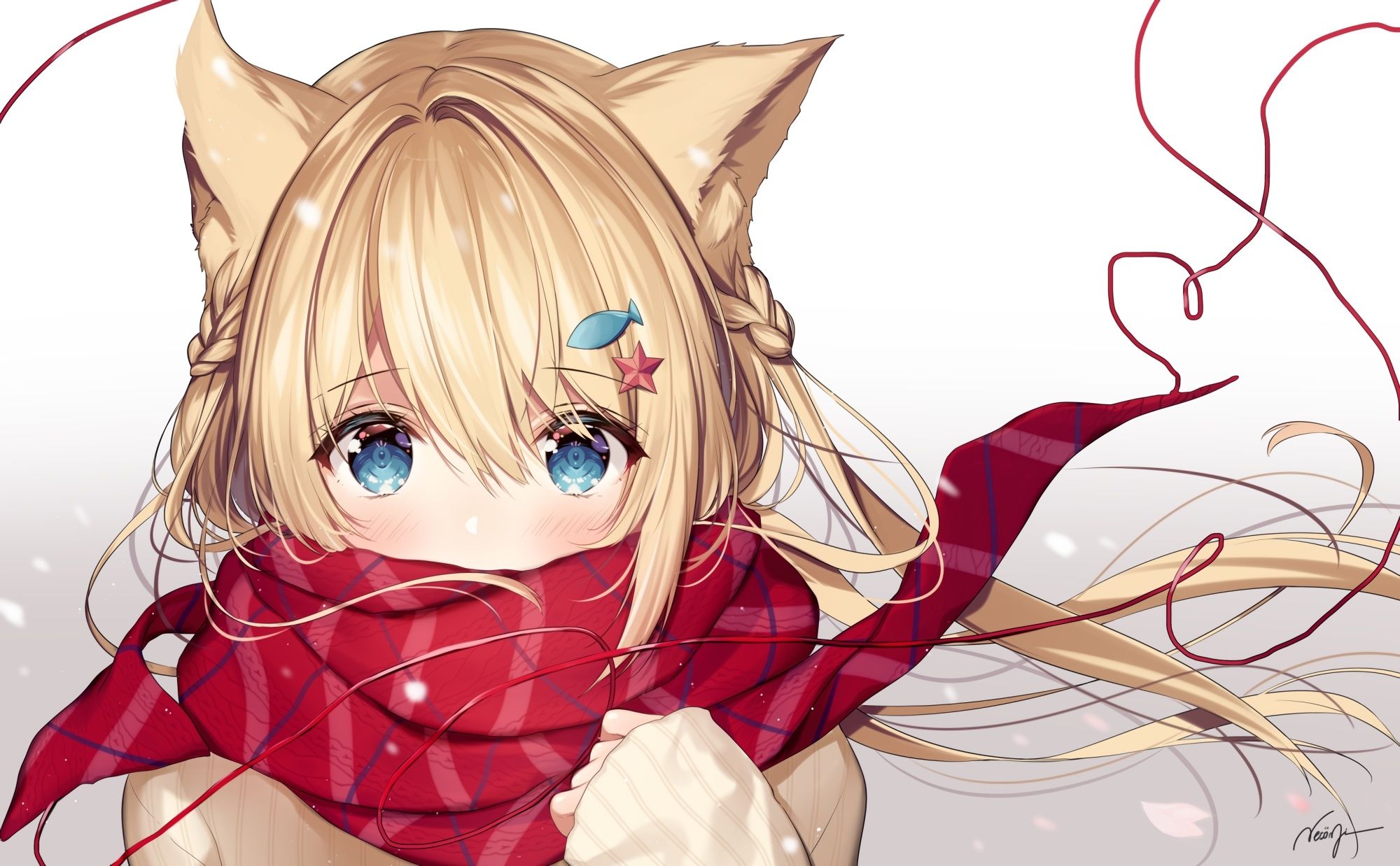 Download 2000x1238 Anime Cat Girl, Blonde, Red Scarf, Animal Ears