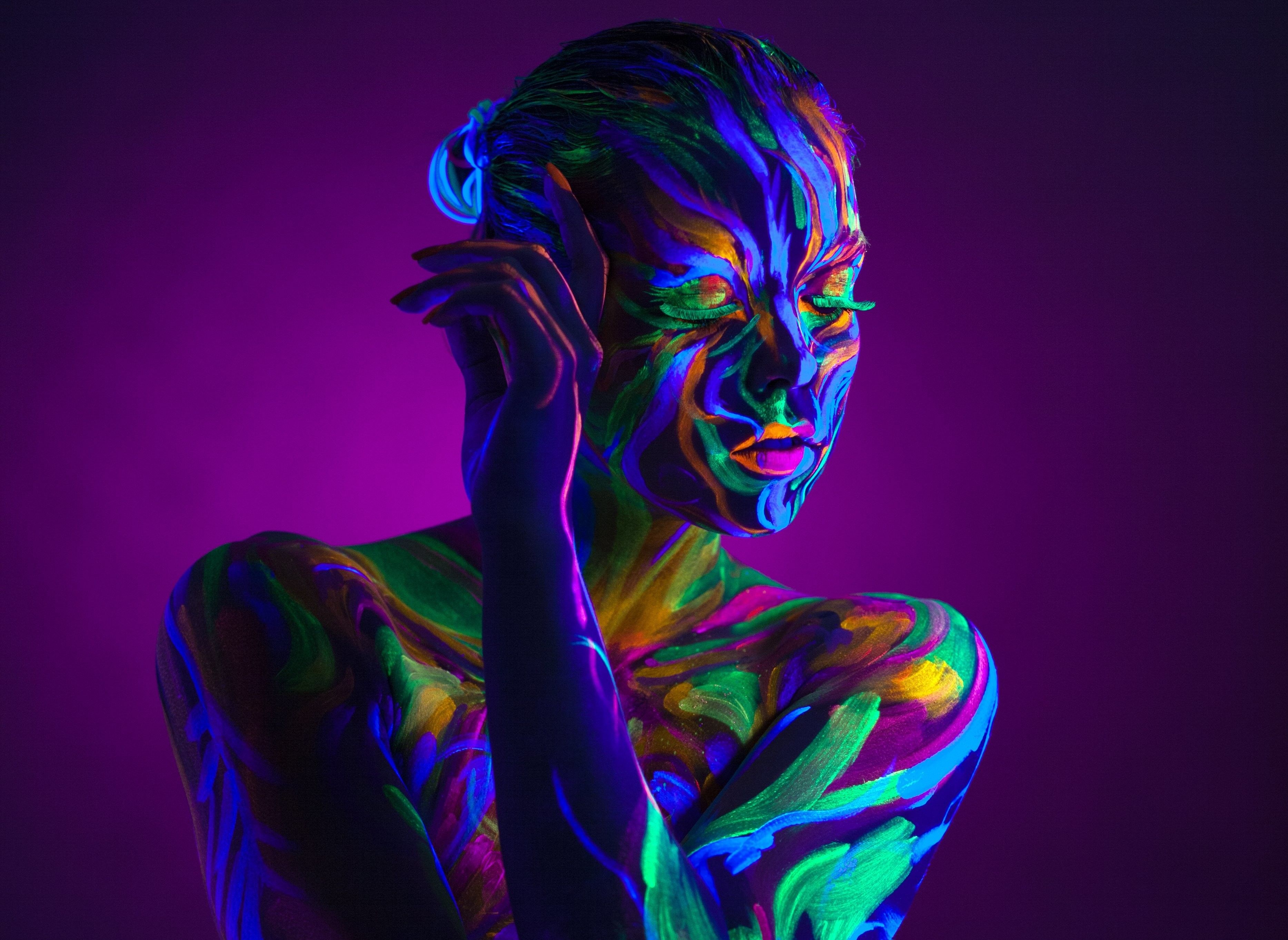 #face, #women, #body paint, #bare shoulders, #purple background, # neon, #colorful, #closed eyes, wallpaper