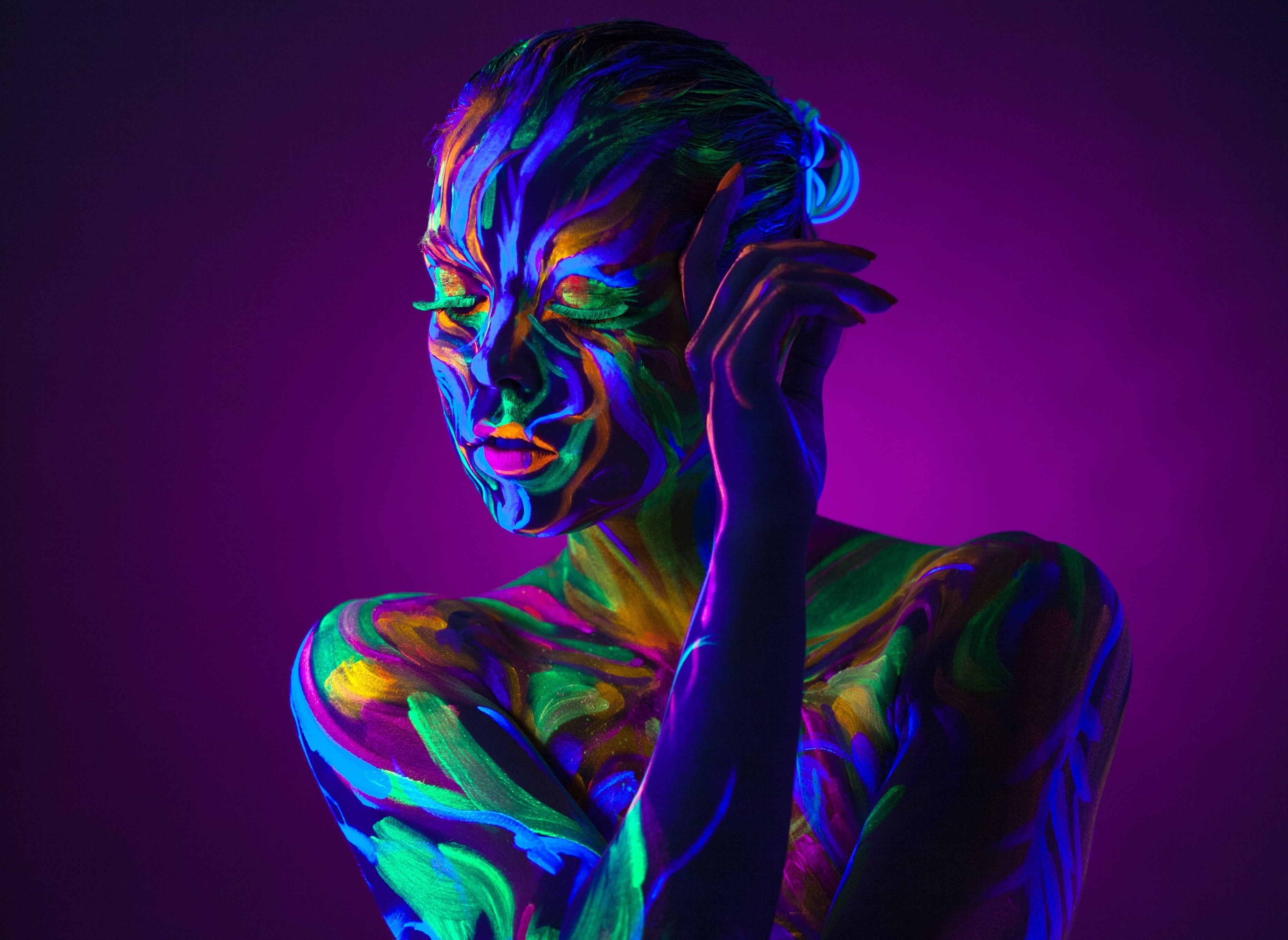women, Neon, Purple Background, Body Paint, Colorful, Closed Eyes, Bare Shoulders Wallpaper HD / Desktop and Mobile Background