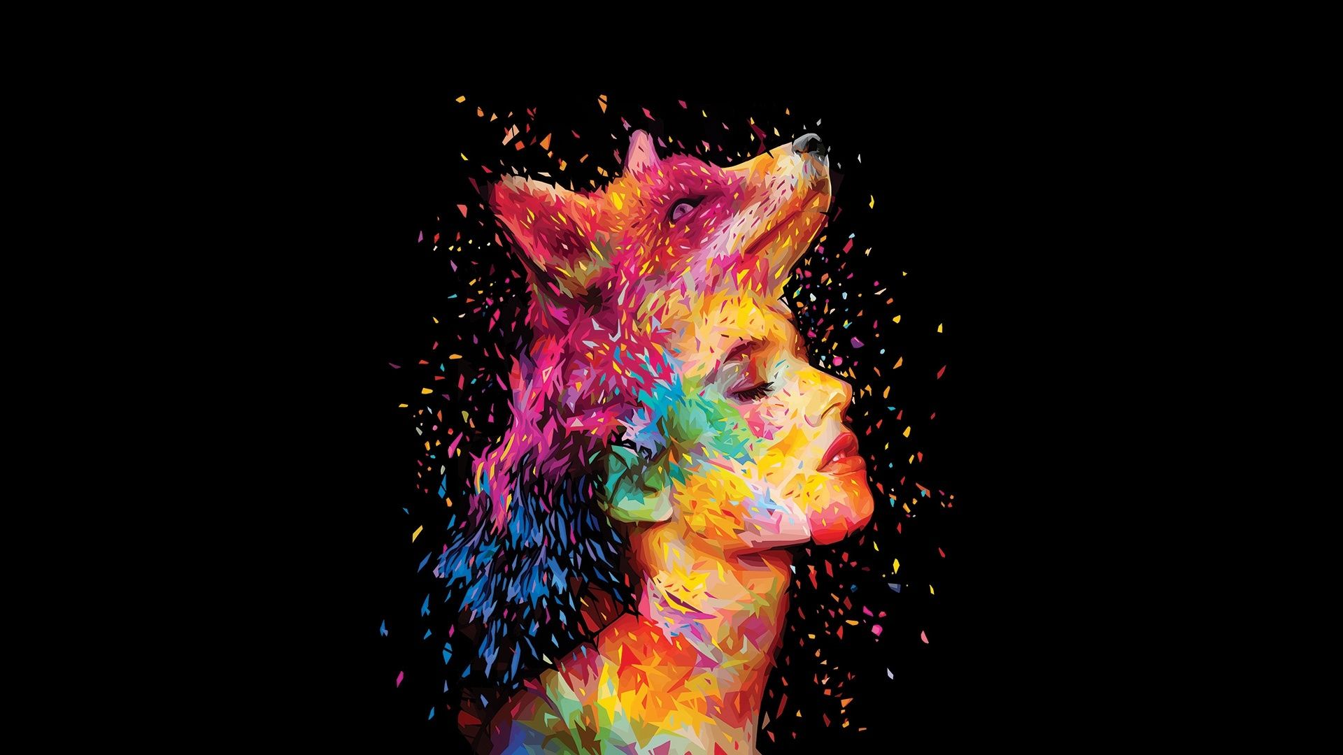 Colorful Closed Eyes Wolf Head Women Face Wallpaper, HD Artist 4K