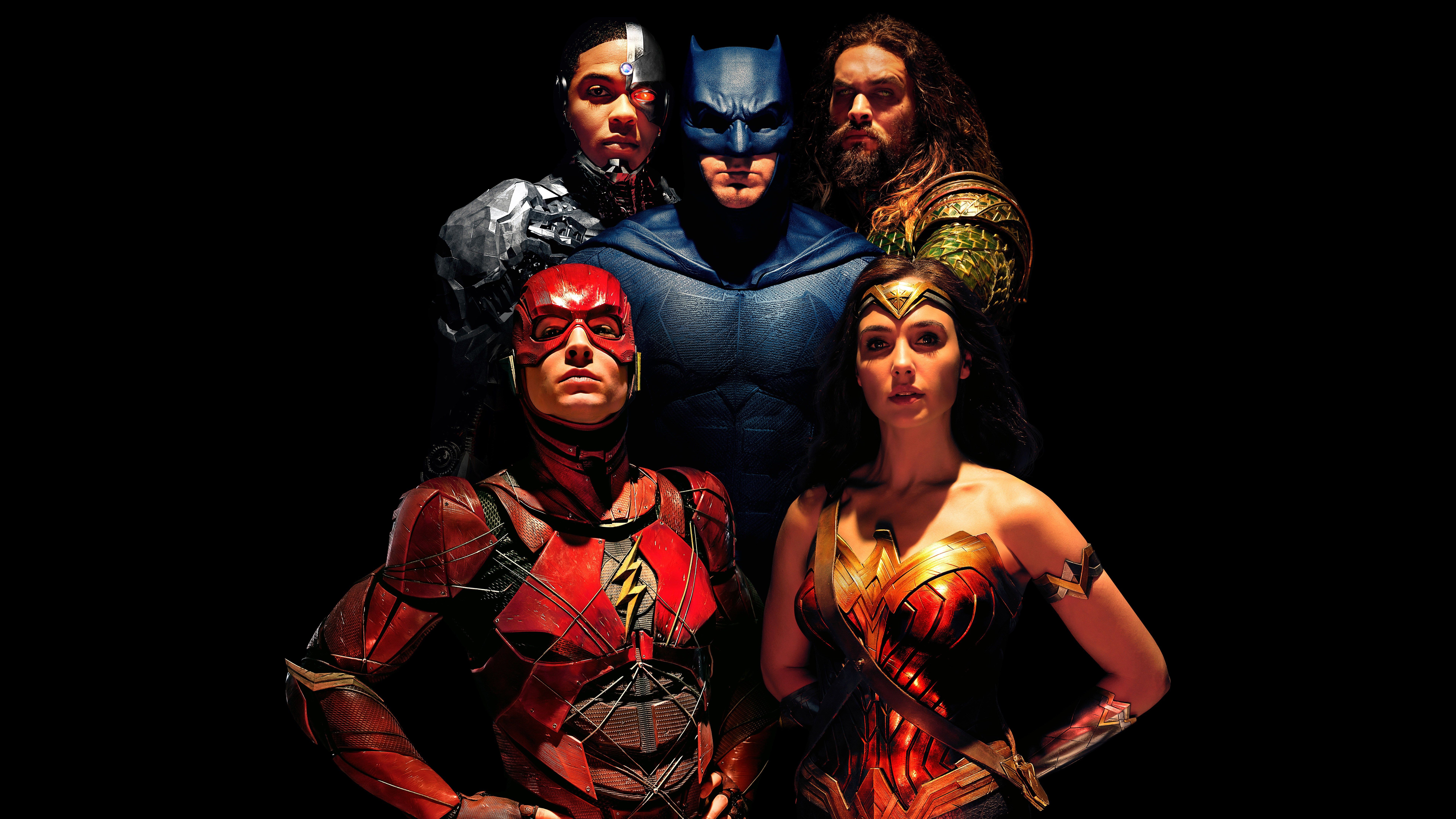 Justice League: Batman, Wonder Woman, Aquaman, The Flash, and Cyborg come together in 4K image