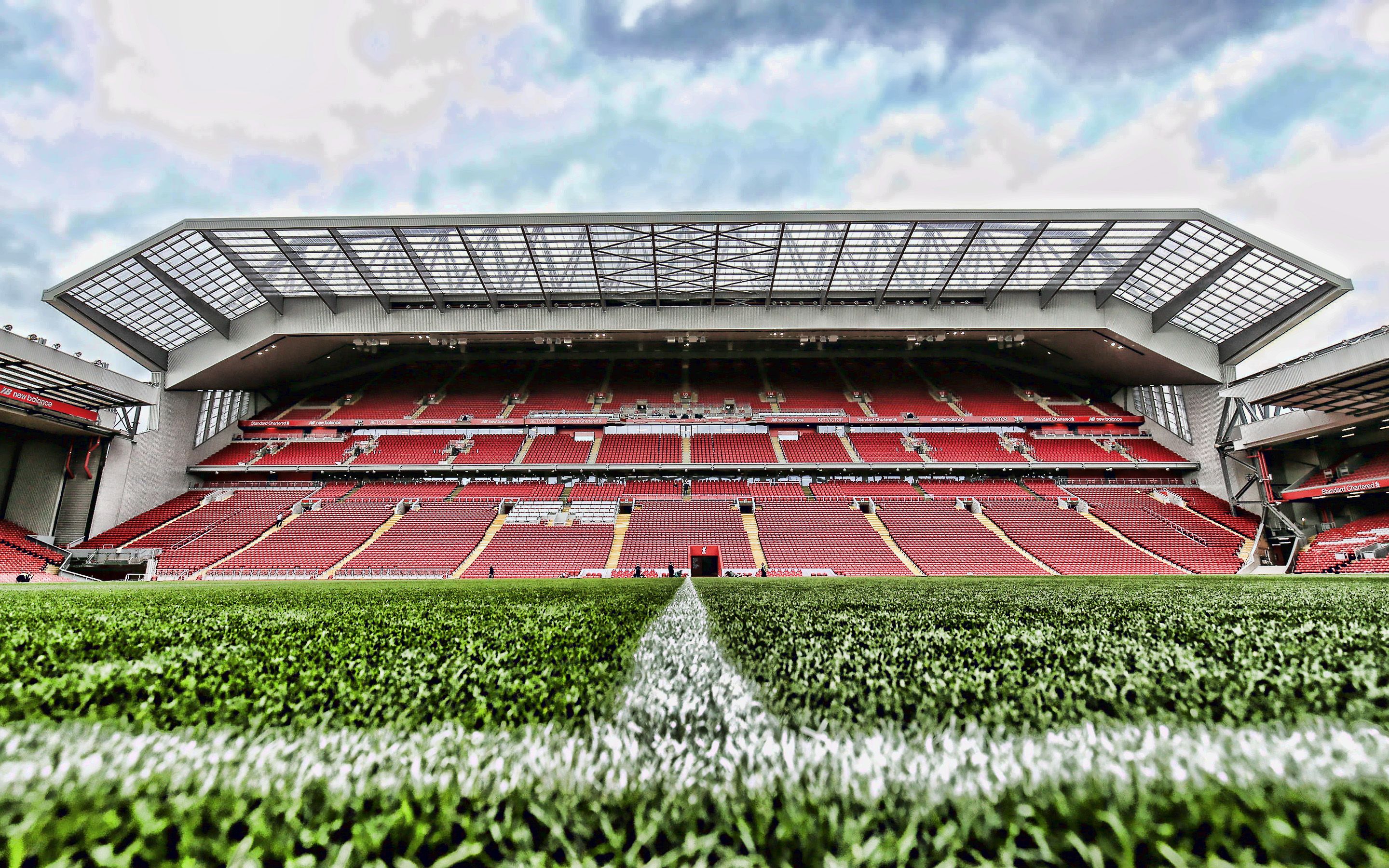 Download wallpaper Liverpool stadium, Anfield, empty stadium, England, HDR, soccer, Liverpool, football stadiums, Anfield Road, Liverpool FC for desktop with resolution 2880x1800. High Quality HD picture wallpaper