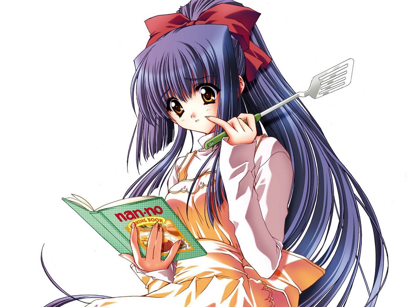 Download wallpaper 1400x1050 girl, reading, book, spatula, cooking