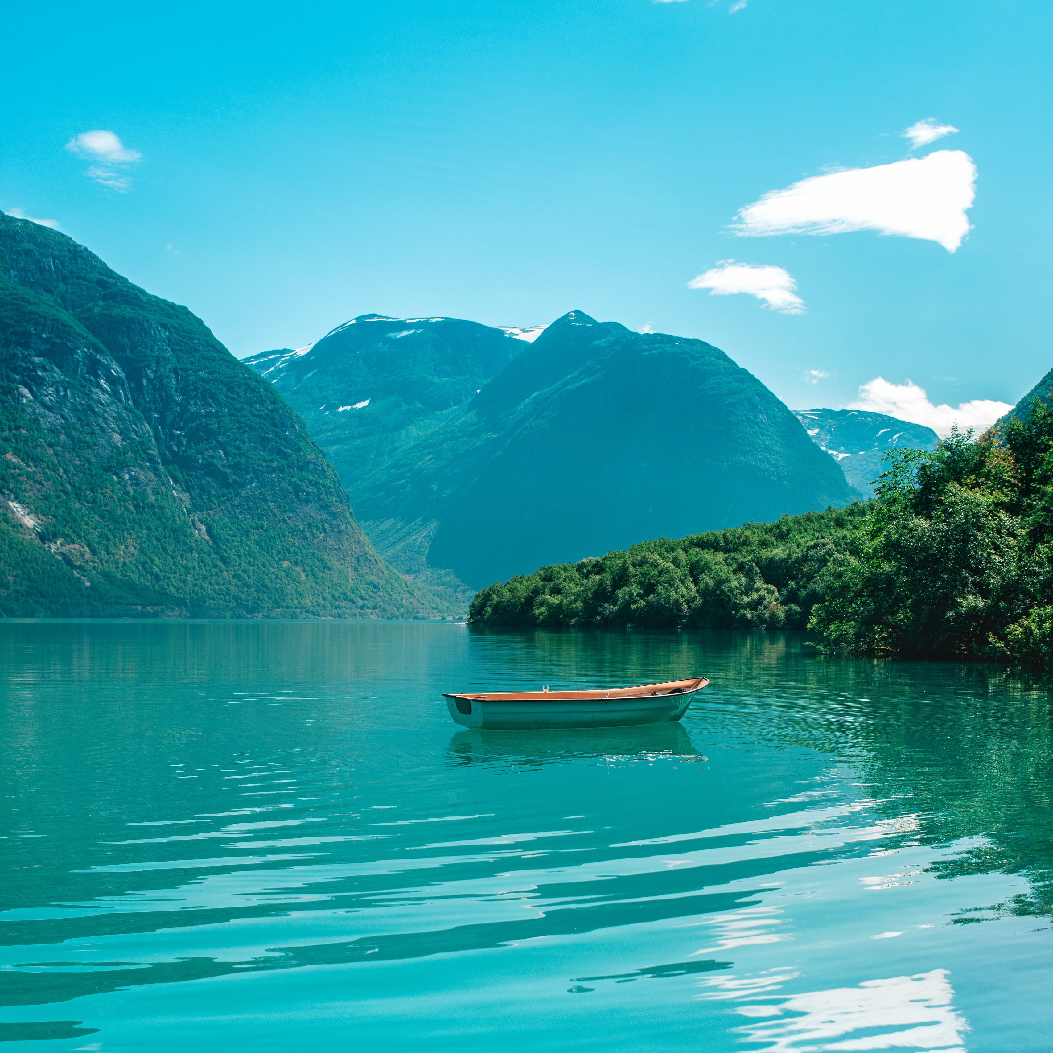 Download wallpaper 3415x3415 boat, mountains, lake, water, horizon