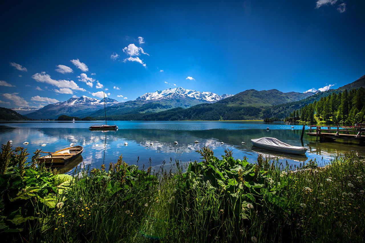 Wallpaper Switzerland Lake Sils Nature mountain Scenery Grass Boats