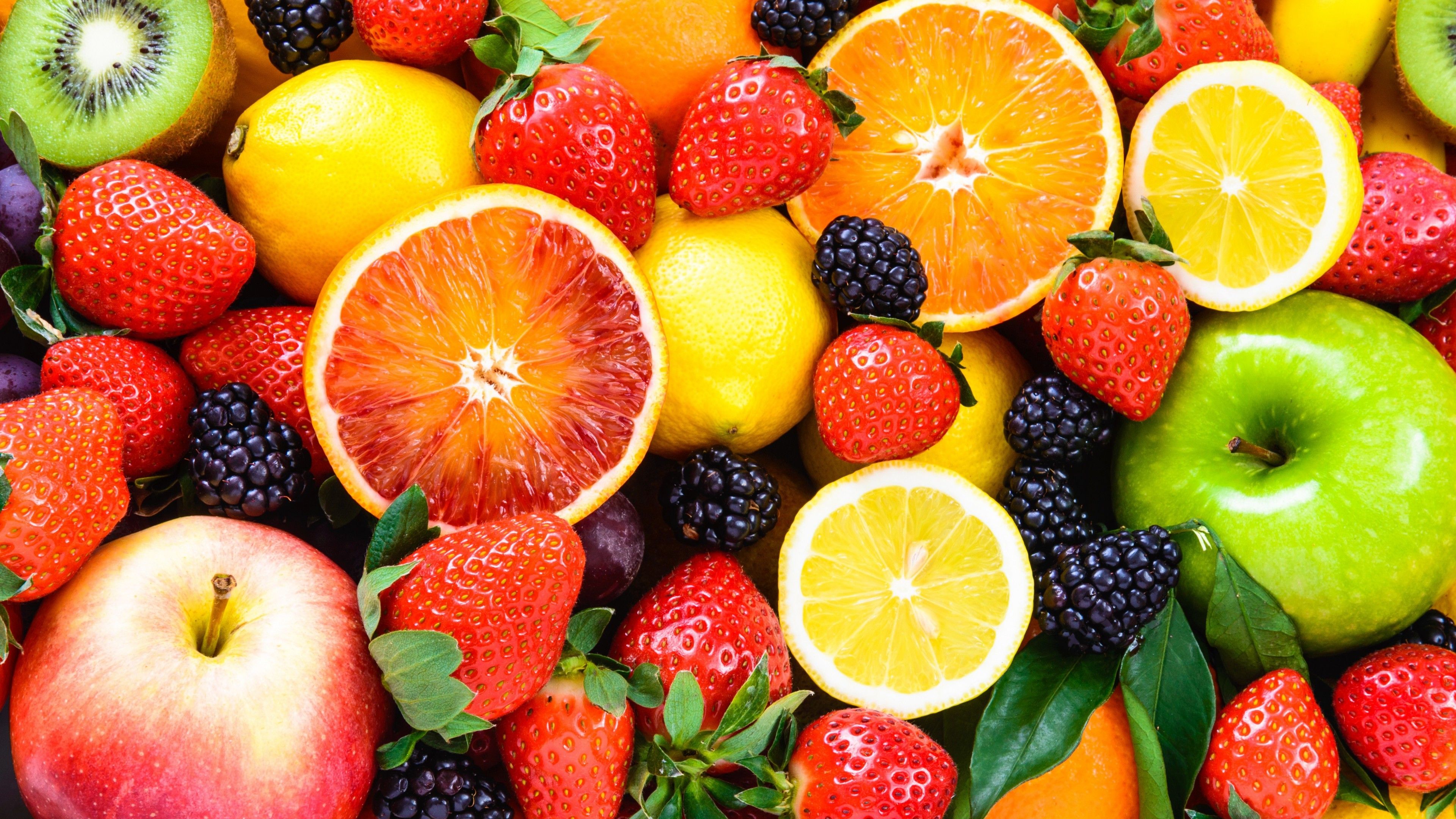 Wallpaper fruit, apple, orange, strawberry, lemon, blackberry, 5k