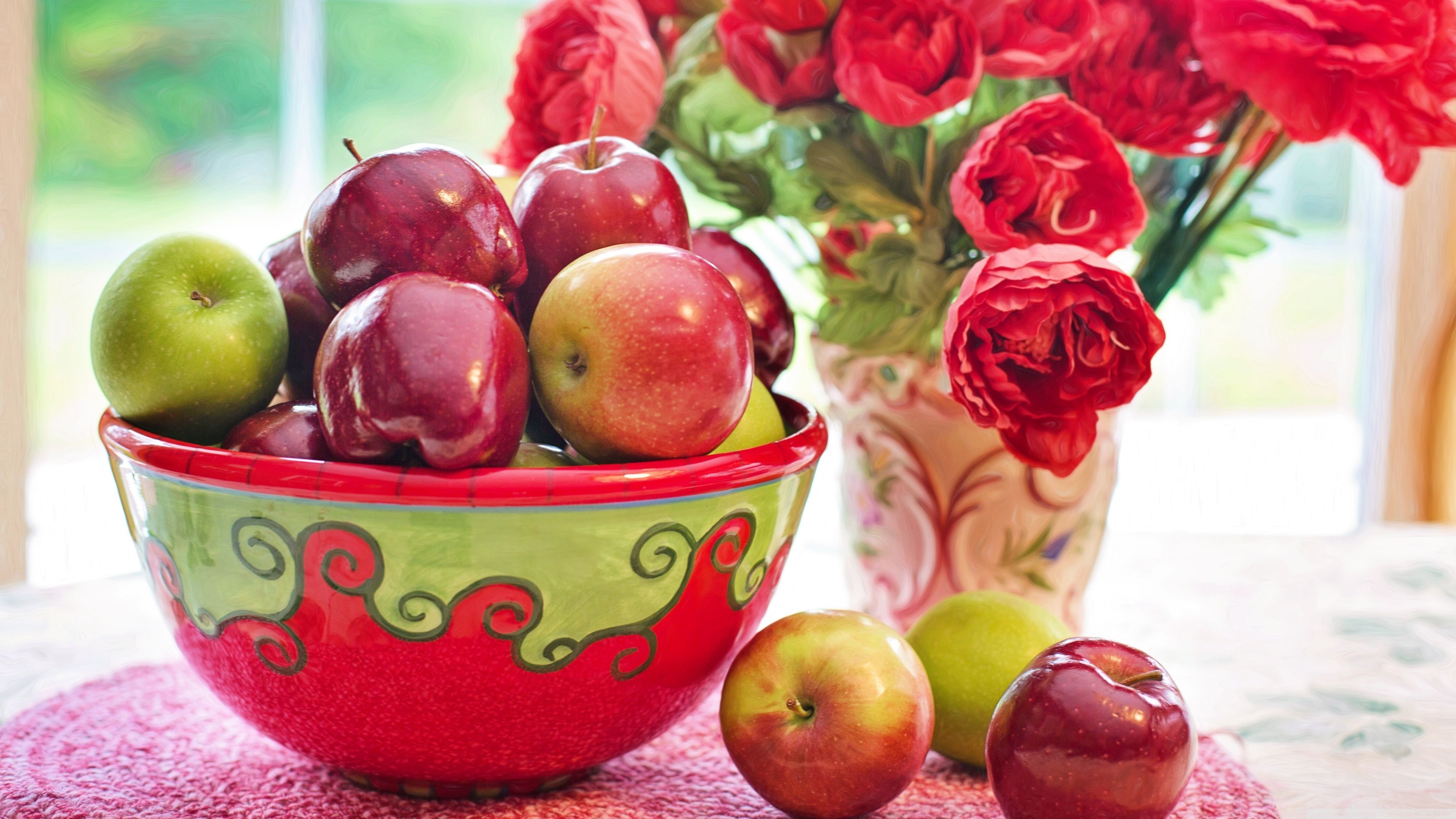 Still Life Apples fruits Bowl, Red Flowers in Vase Ultra HD