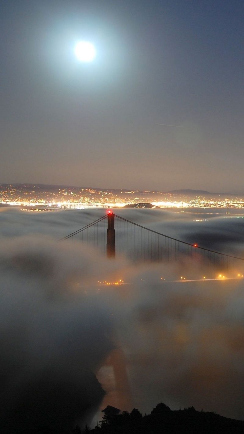 Wallpaper Golden Gate Bridge, Light, Moon, Fog, Night