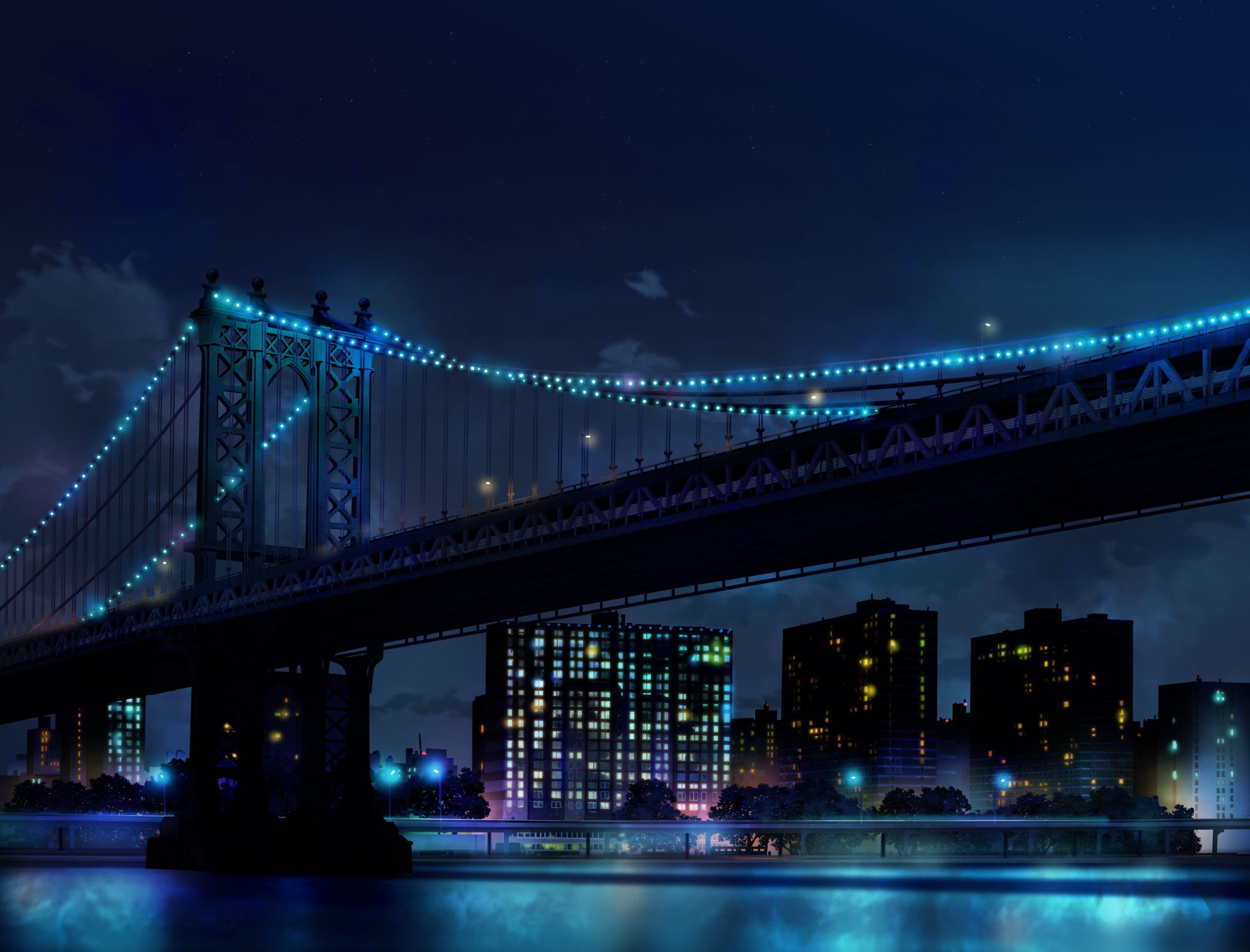 City Bridge at Night with Blue Lights
