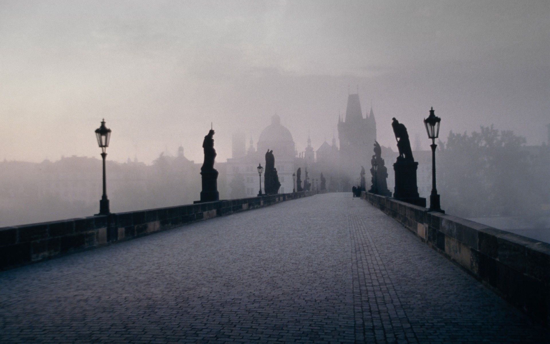 Castles autumn cityscapes fog mist bridges lamps Prague Czech