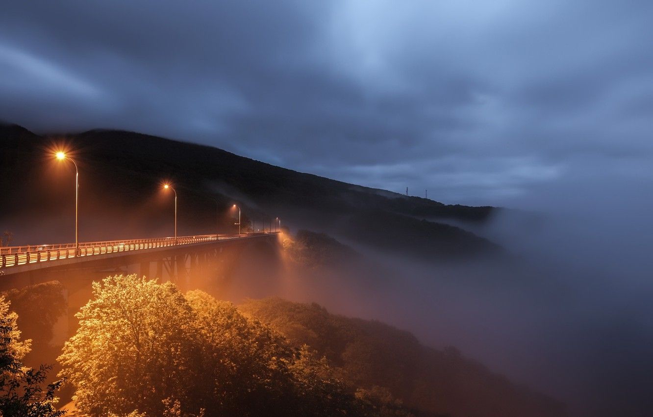 Wallpaper night, bridge, fog image for desktop, section пейзажи