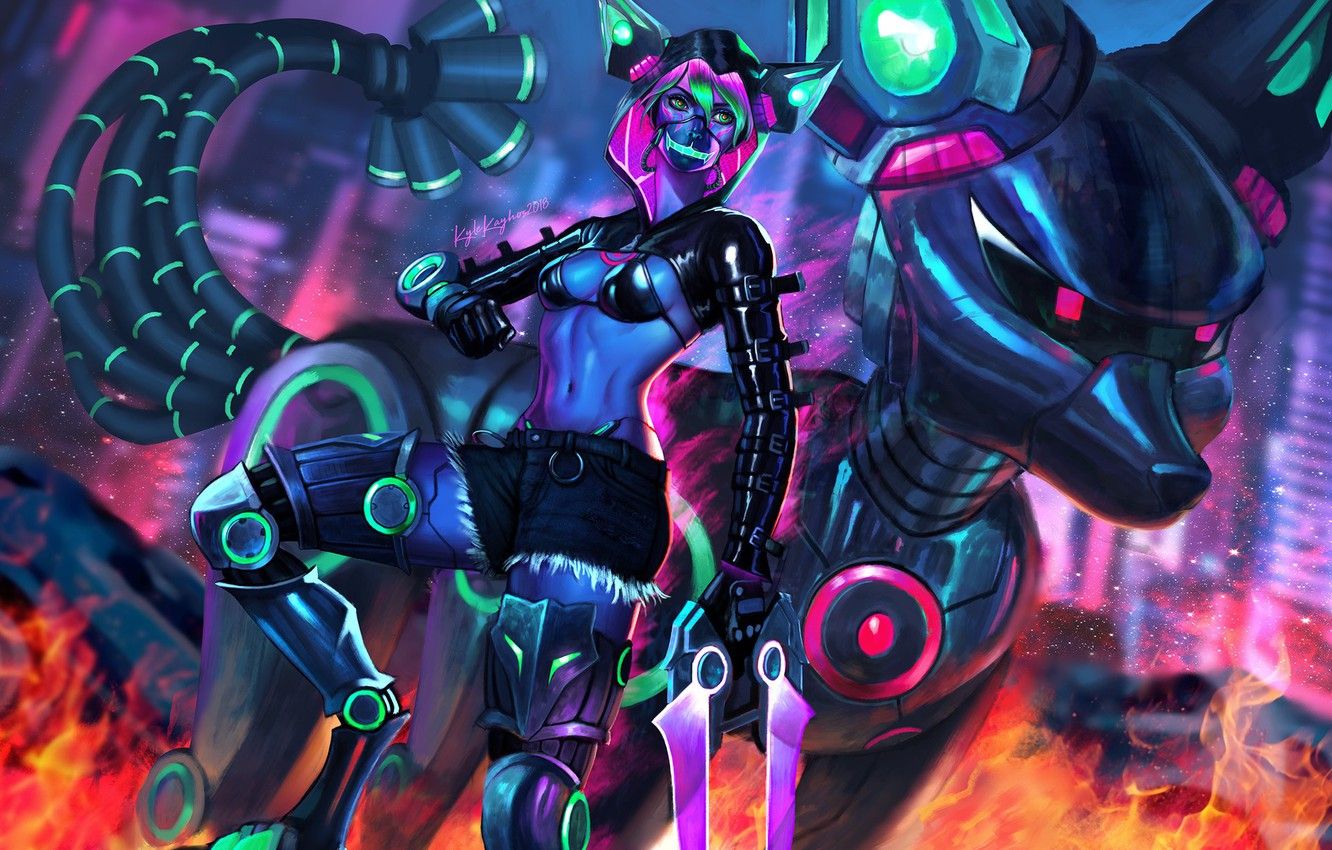 Wallpaper Girl, Art, Robot, Neon, Illustration, Characters, Cyber