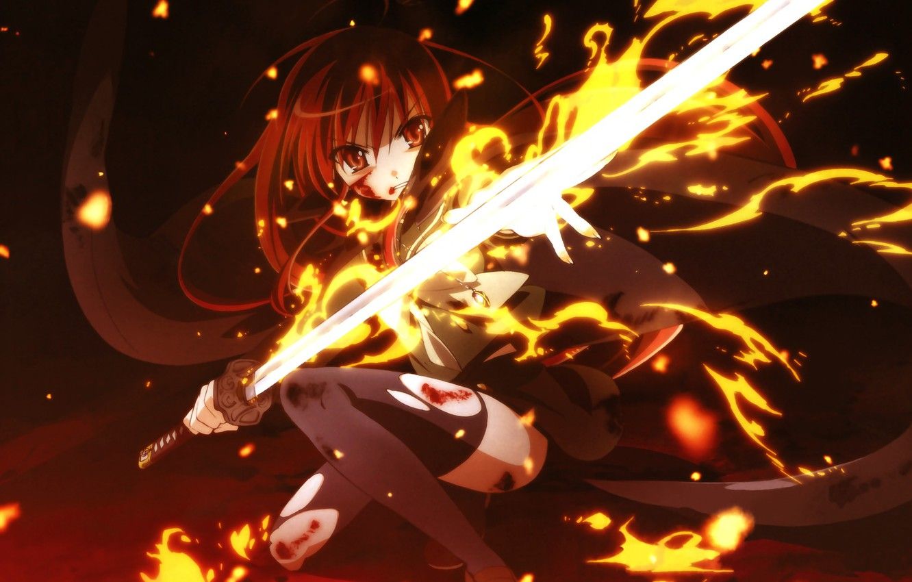 Wallpaper girl, fire, sword, anime, art, shakugan no shana, Shana