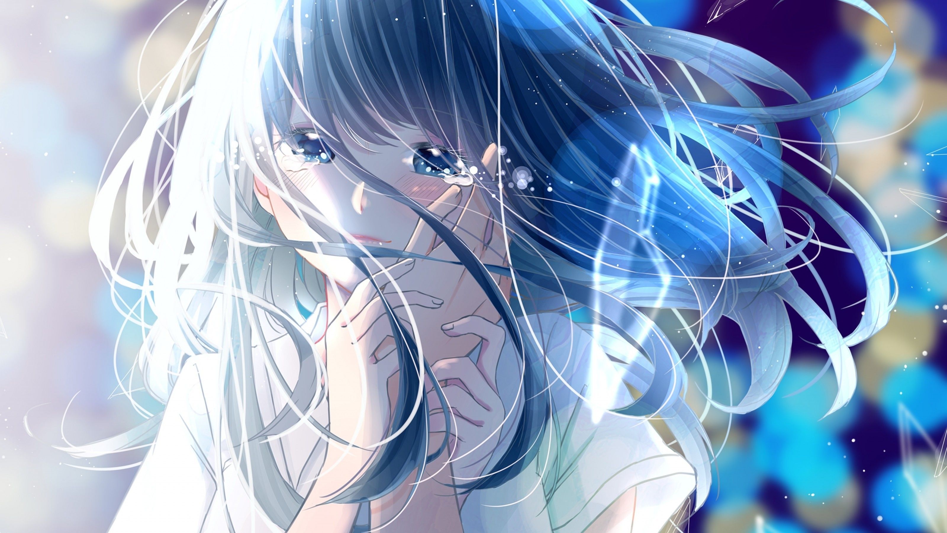 Download 3200x1800 Anime Girl, Tears, Romance, Hand, Blue Hair