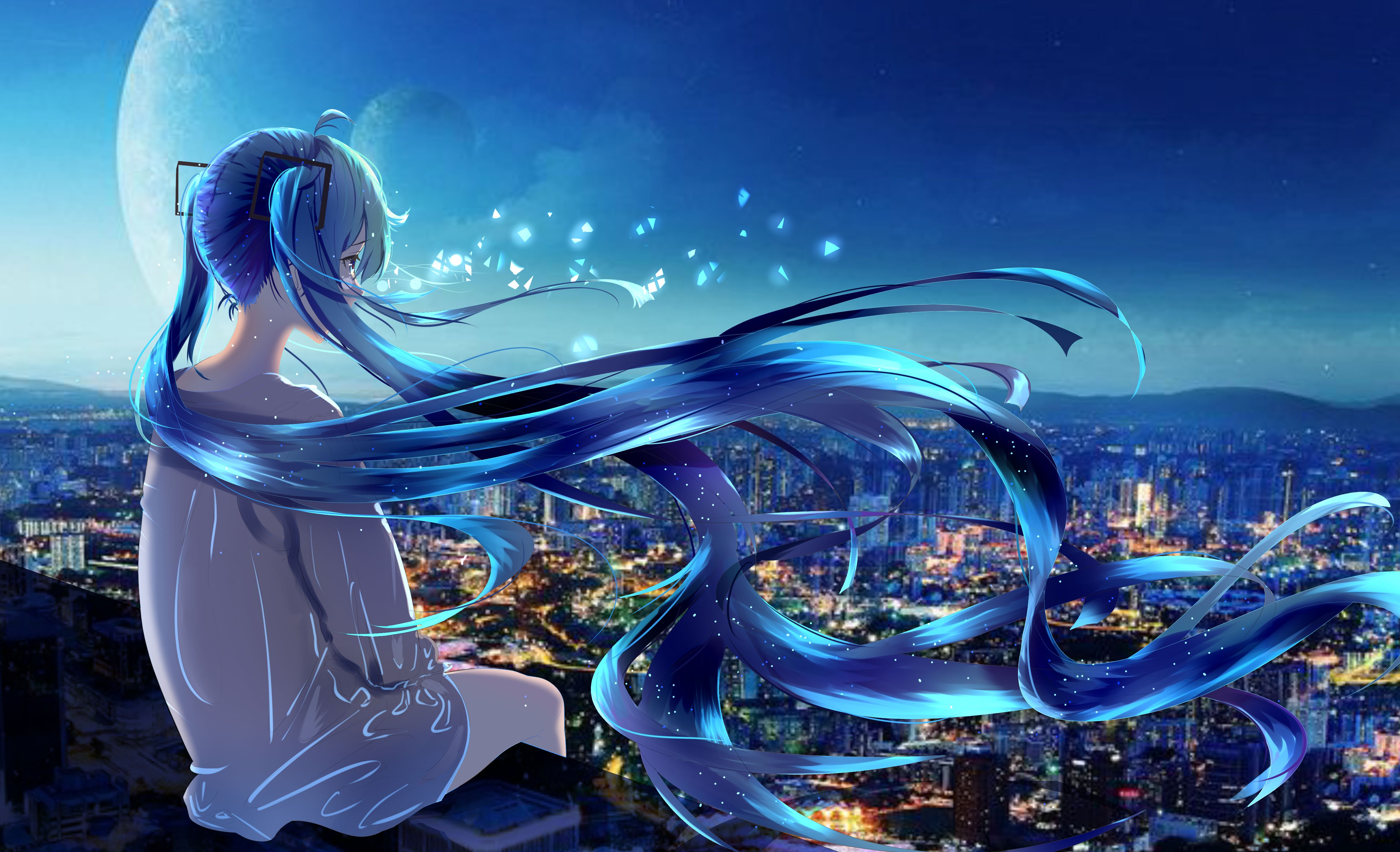 Anime girl with long blue hair sitting on the roof wallpaper