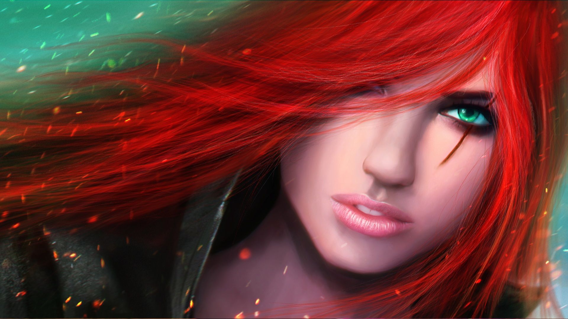 Wallpaper Red hair green eyes girl, fantasy art 1920x1080 Full HD