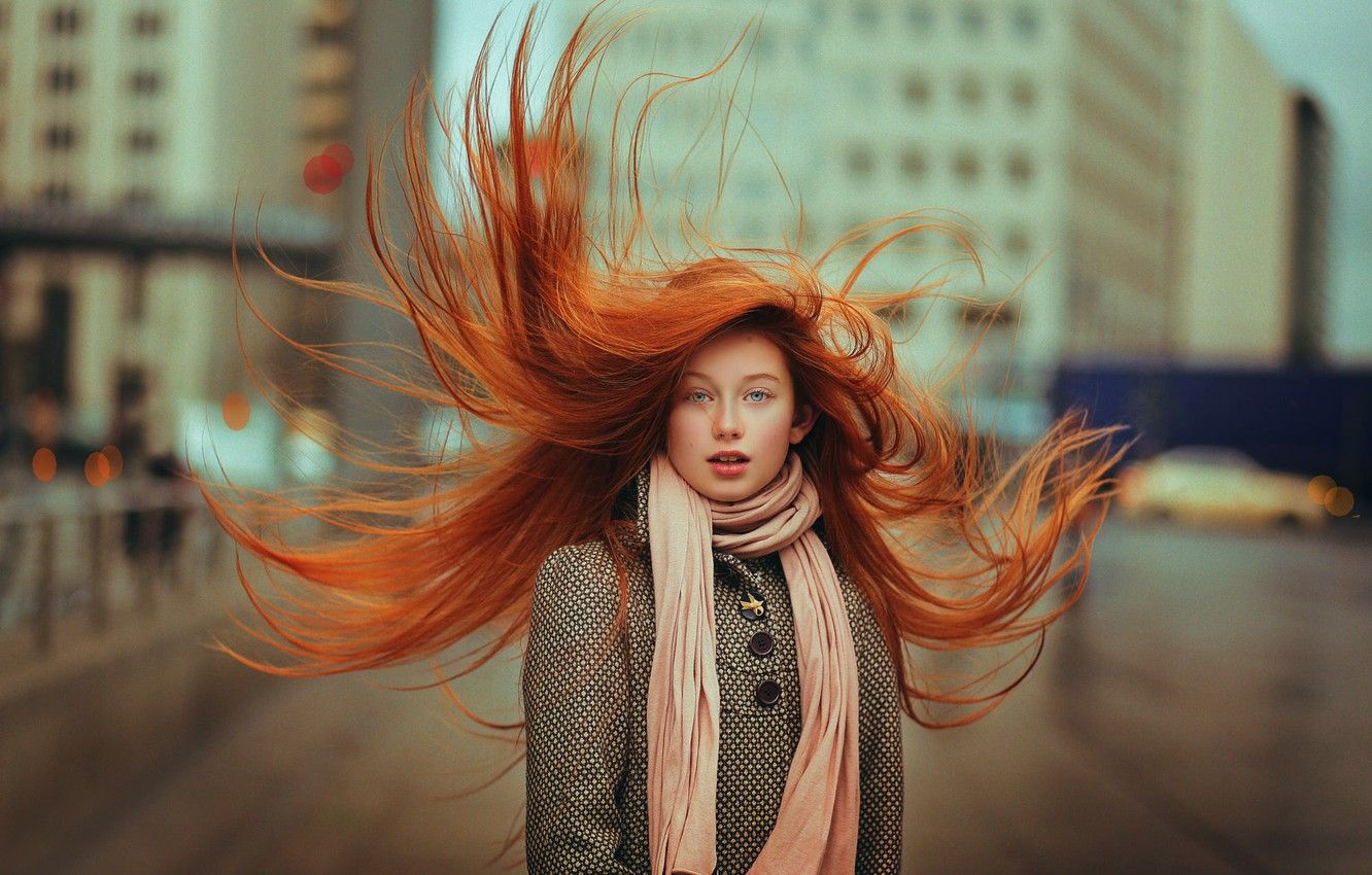 Wallpaper the wind, girl, redhead, coat, Ahmed Hanjoul, The red