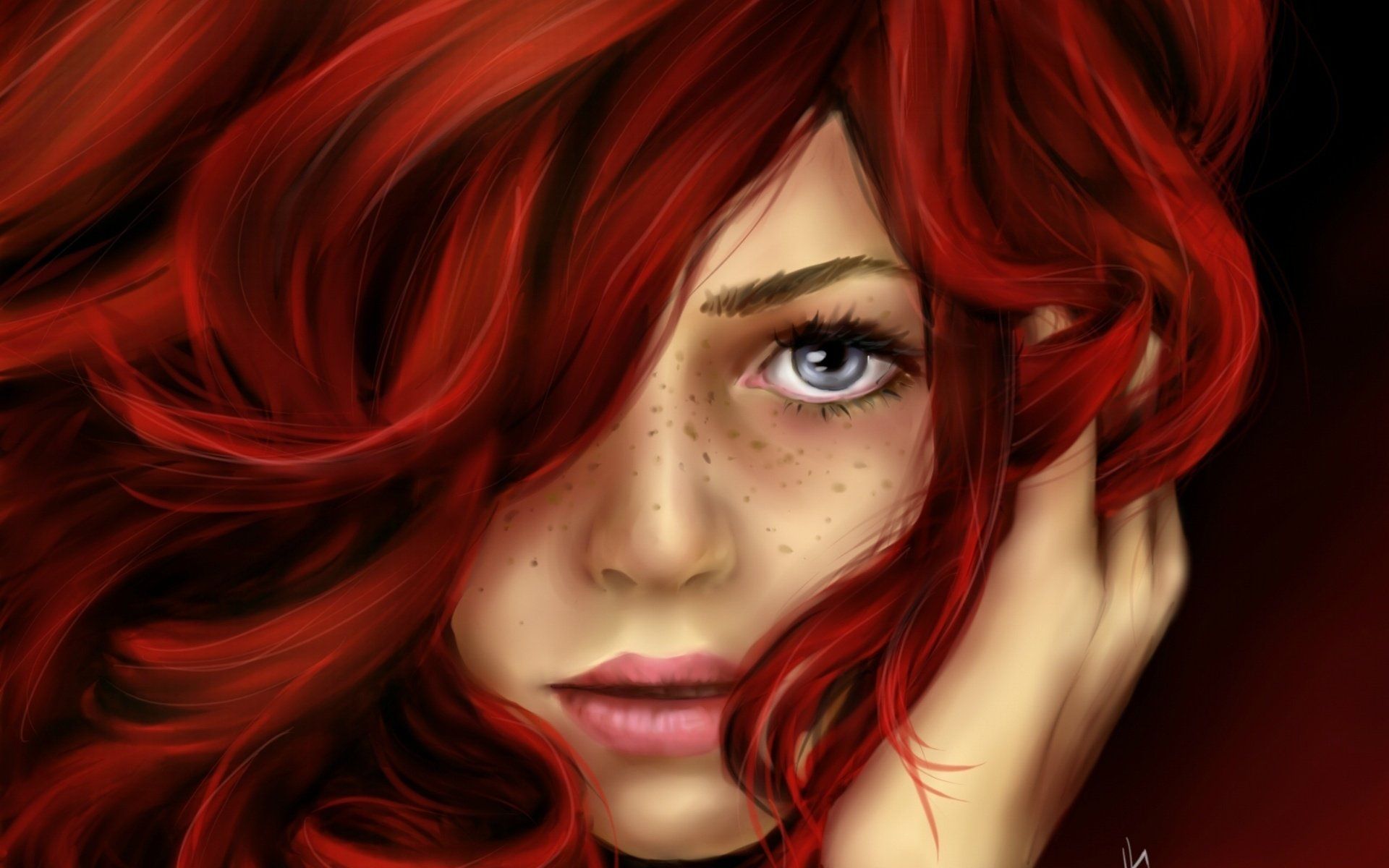 Red hair girl face blue eyes wallpaperx1200