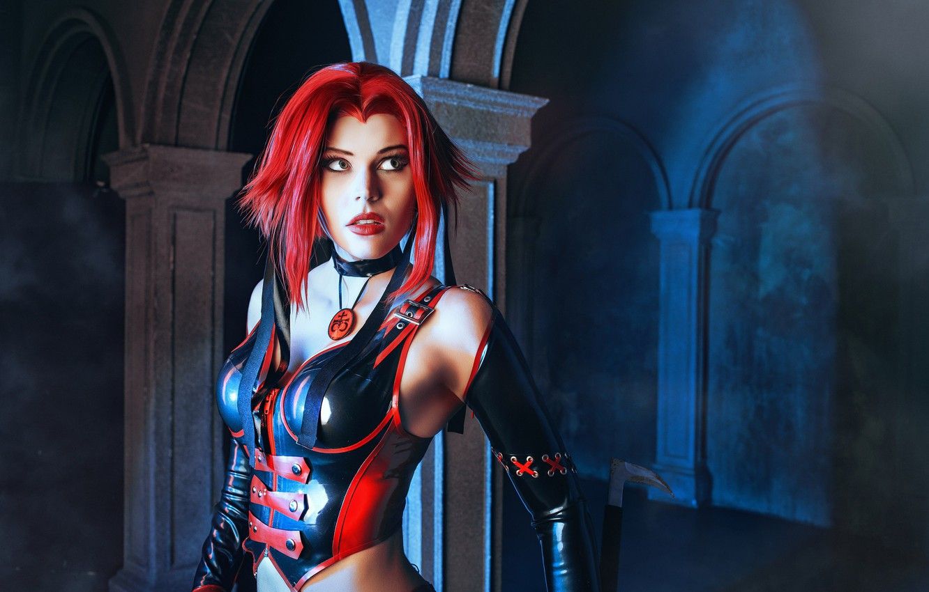 Wallpaper girl, latex, cosplay, red hair, red lips, BloodRayne