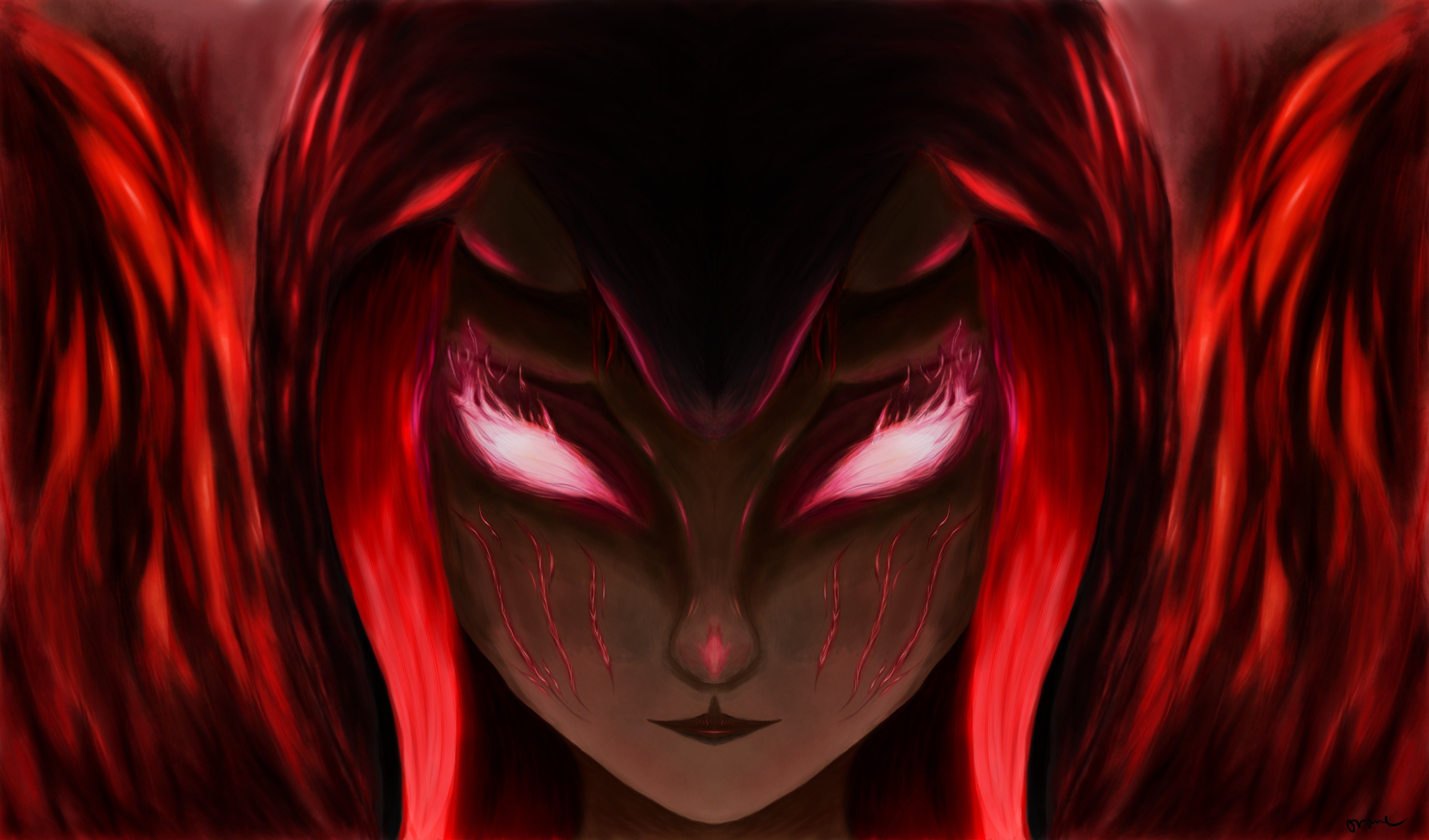 Download 6000x3528 Demon Girl, Horns, Fantasy Woman, Red Hair