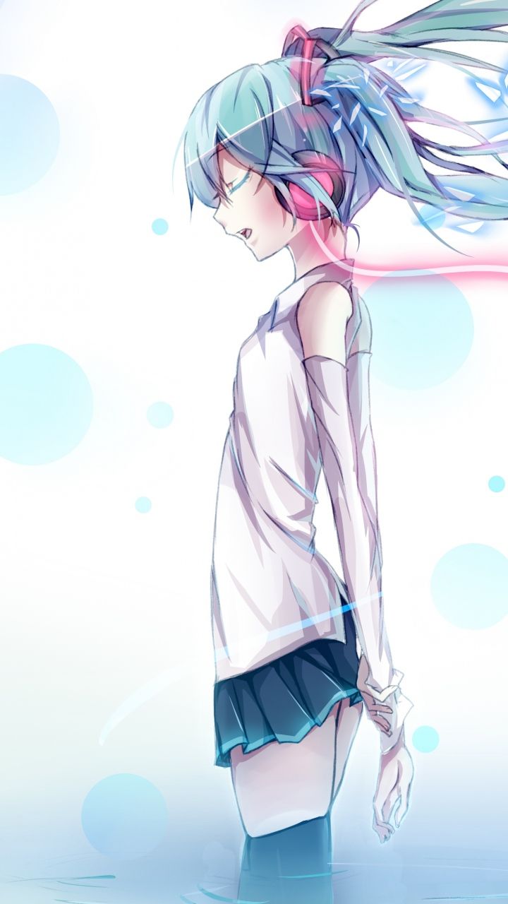 Wallpaper vocaloid, hatsune miku, headphones, wire, water